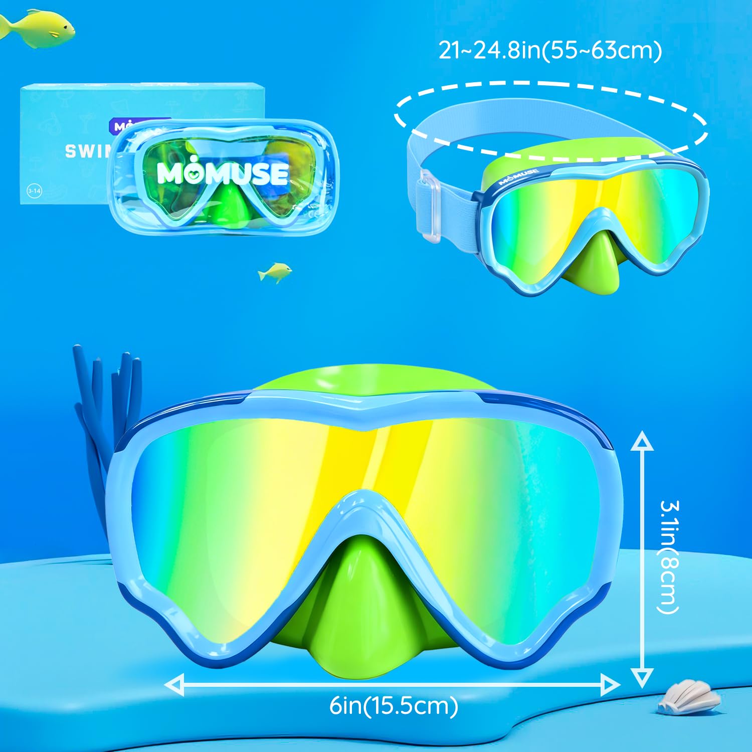 MOMUSE packaged goggles with label showing features and easy storage