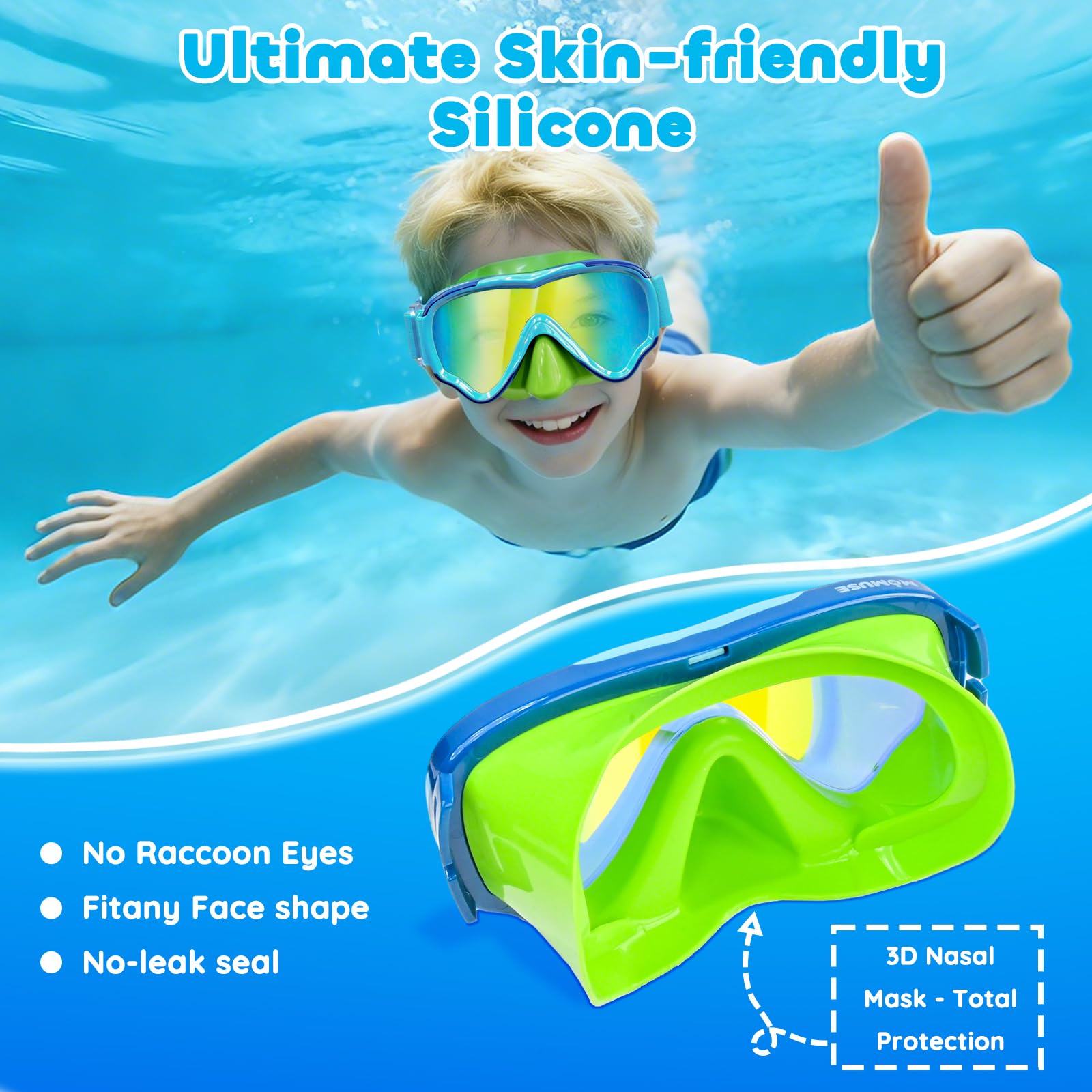 MOMUSE goggles beside a ruler to show size and fit for ages 3–14