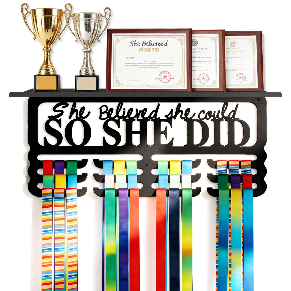 Monlyey front view showing neat medal hanging and clear display benefit