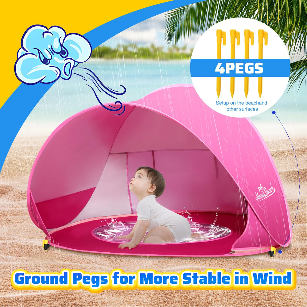 Monobeach tent next to toy and adult showing size and portability benefit