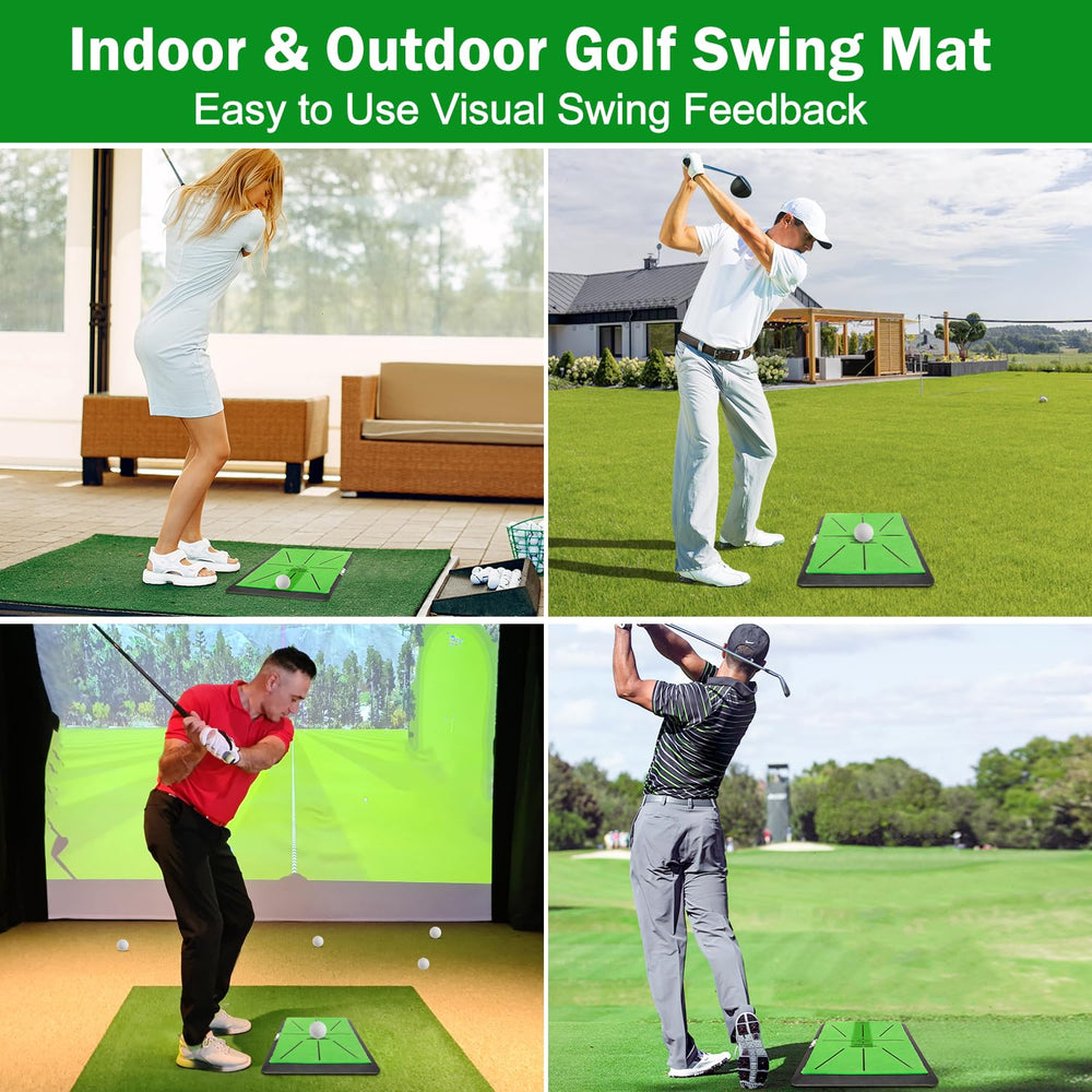 MONOJOY mat beside a golf club to show scale and portability for travel-friendly training
