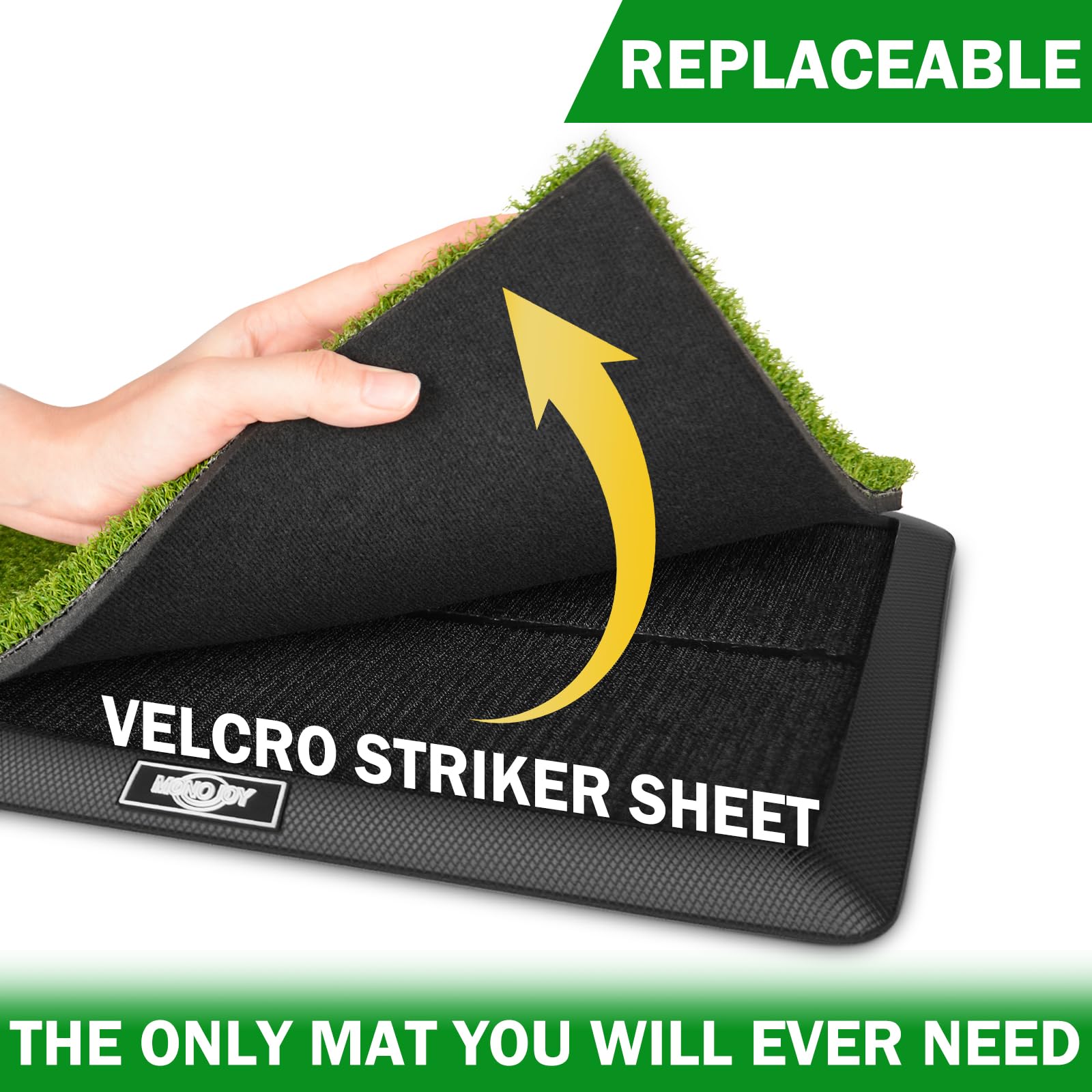 MONOJOY mat next to golf club showing scale and suitability for full swings