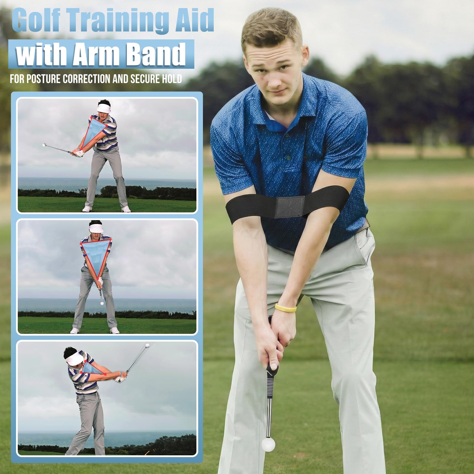 montela golf adjustable arm band attached to trainer stabilizing wrist and elbow alignment