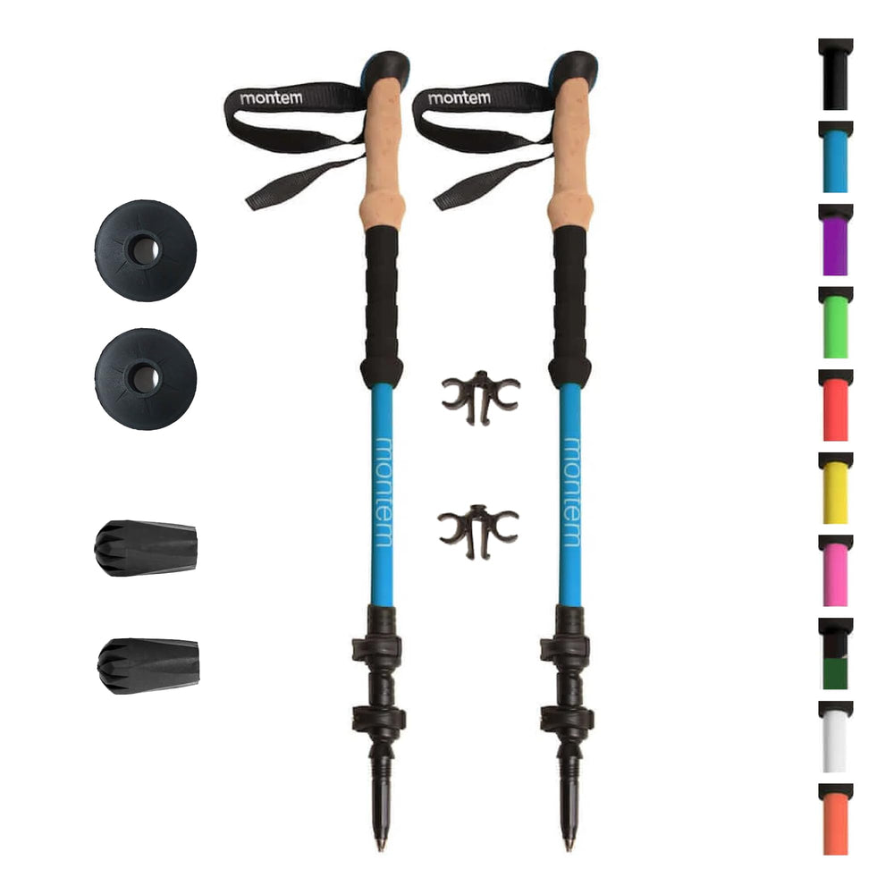 Montem front view matte blue poles showing full pair and included accessories benefit reliable support
