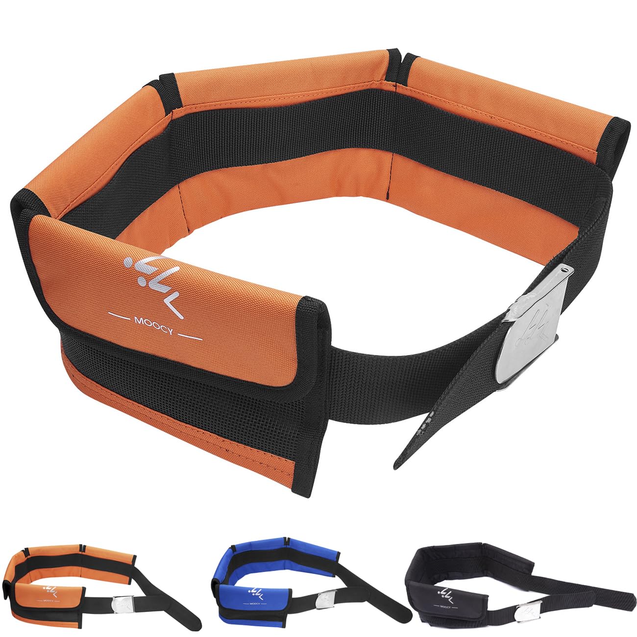 MOOCY front view orange weight belt showing four pockets and bright visibility benefit