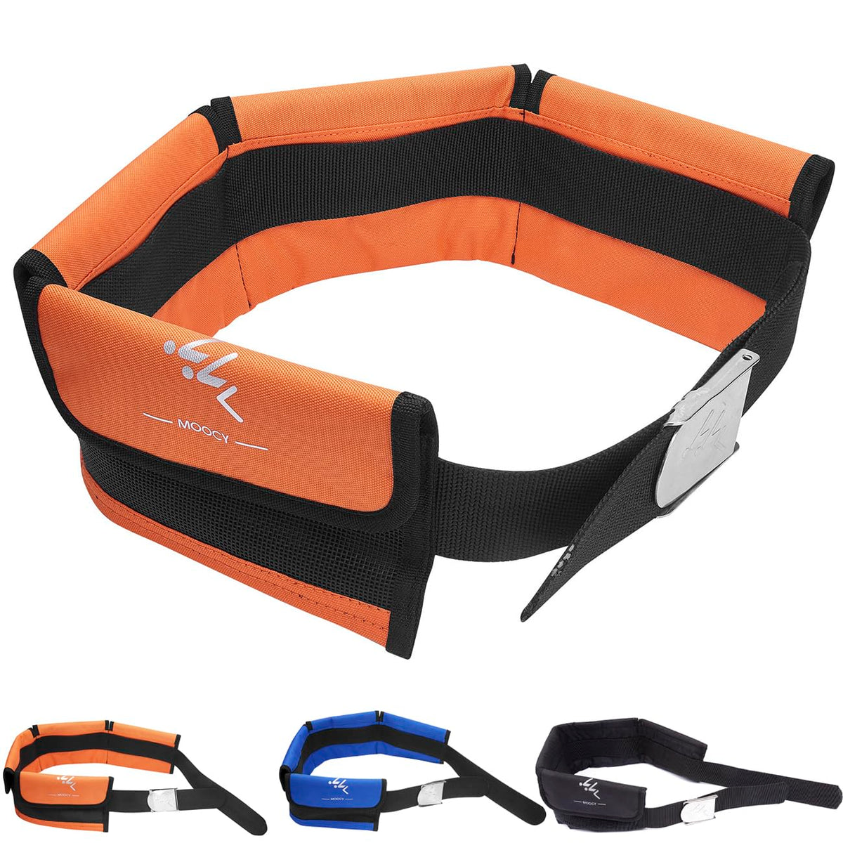 MOOCY front view orange weight belt showing four pockets and bright visibility benefit