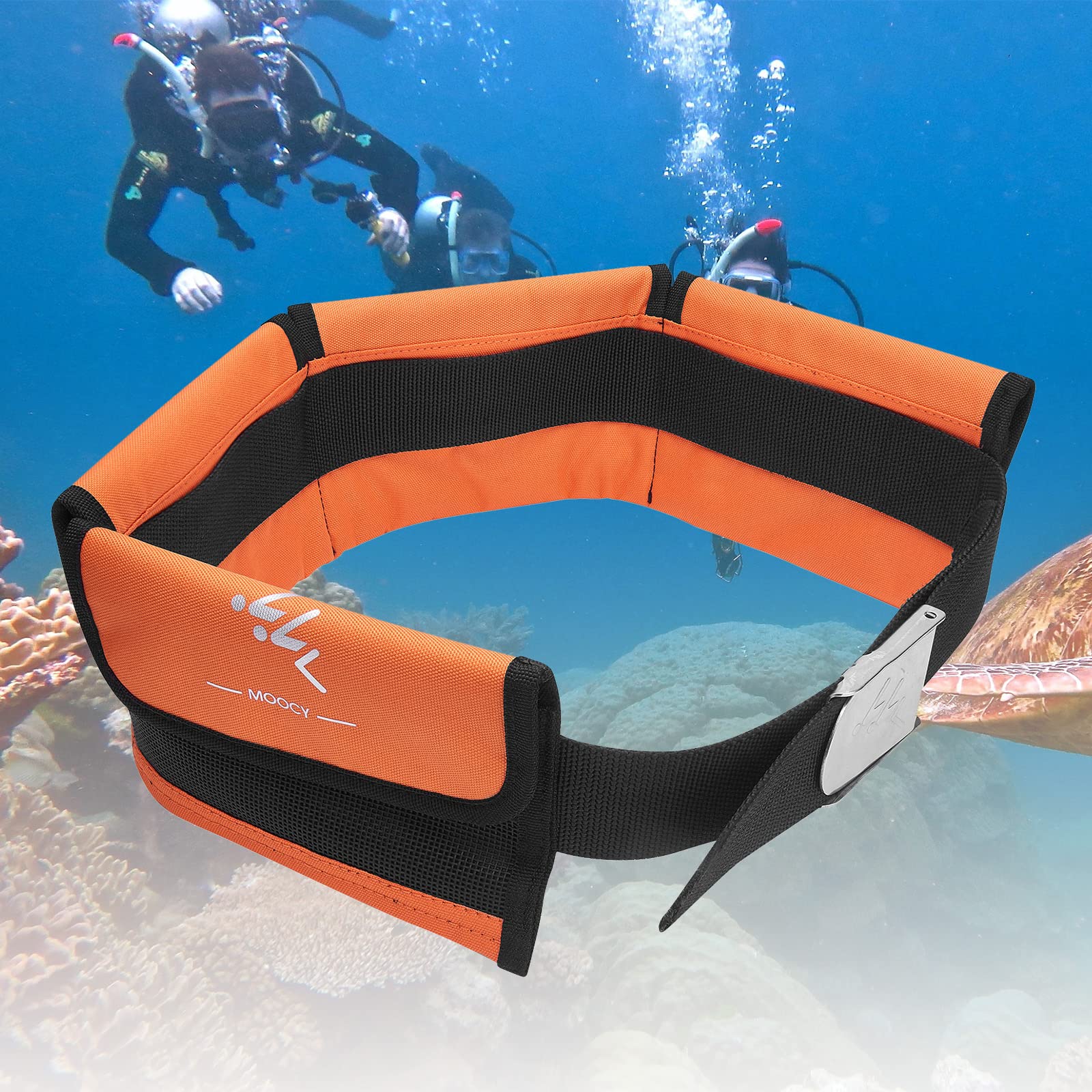 MOOCY weight belt on a diver aboard a boat showing travel-ready visibility and convenience