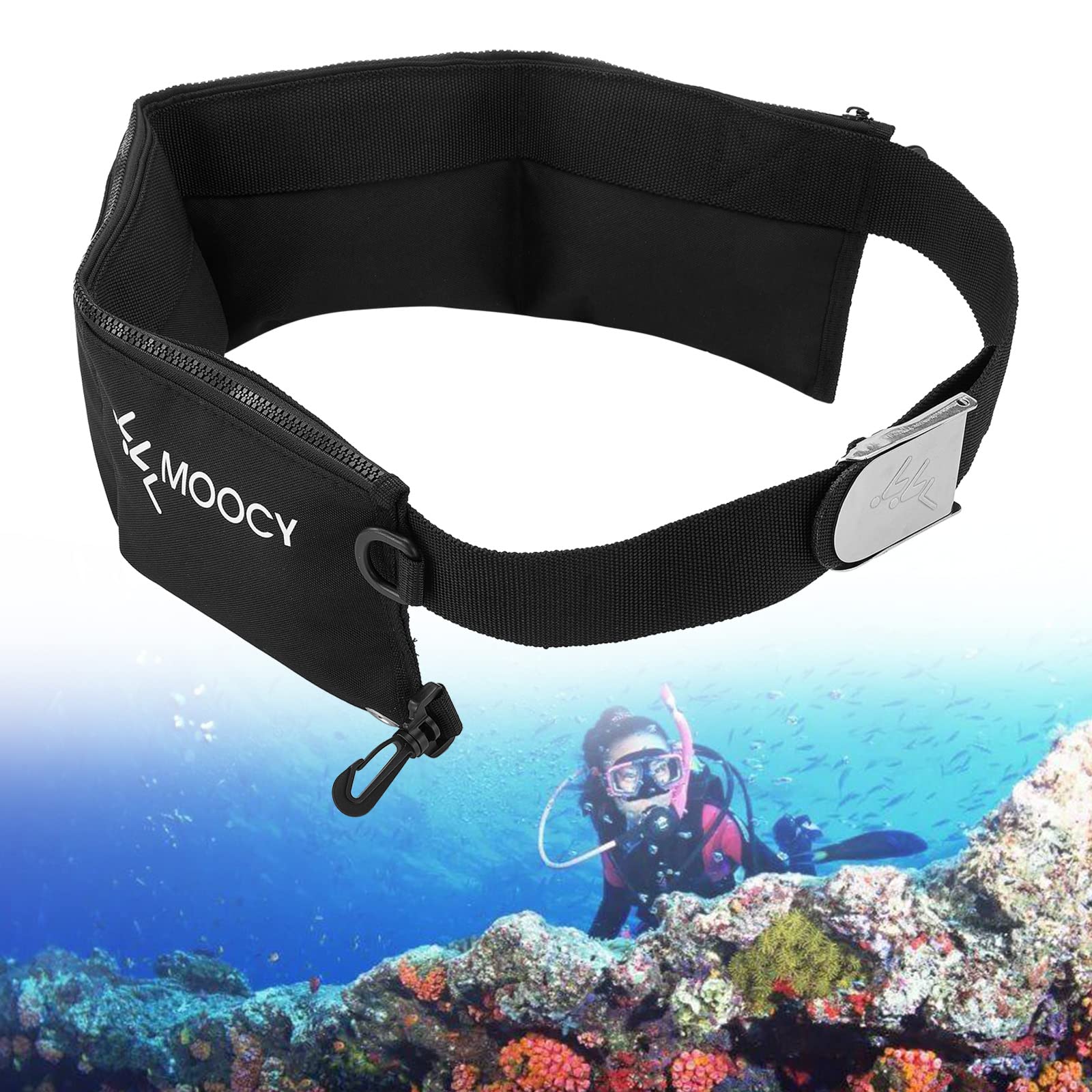 MOOCY belt beside measuring tape showing adjustable fit 32-52" benefit