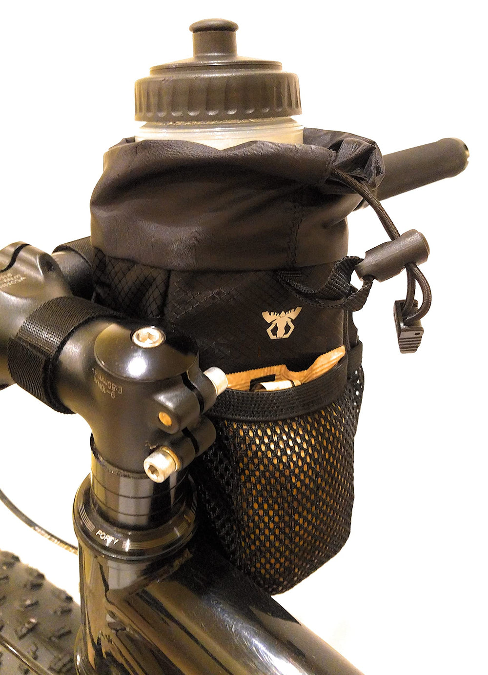 Moosetreks stem bag attachment straps detail showing secure three-point fastening