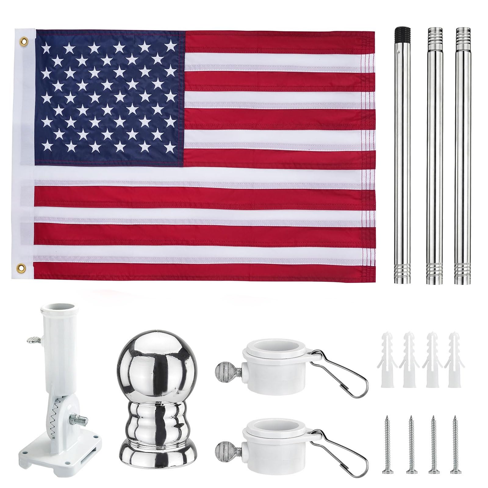 MOPHOEXII packaged kit contents laid out showing included flag, pole, rings, bracket and screws benefit completeness