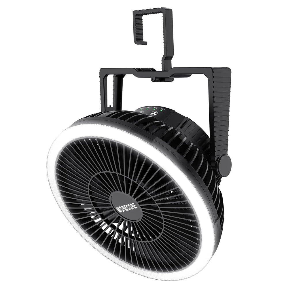 MORECORE front view showing fan and lantern for bright, portable cooling