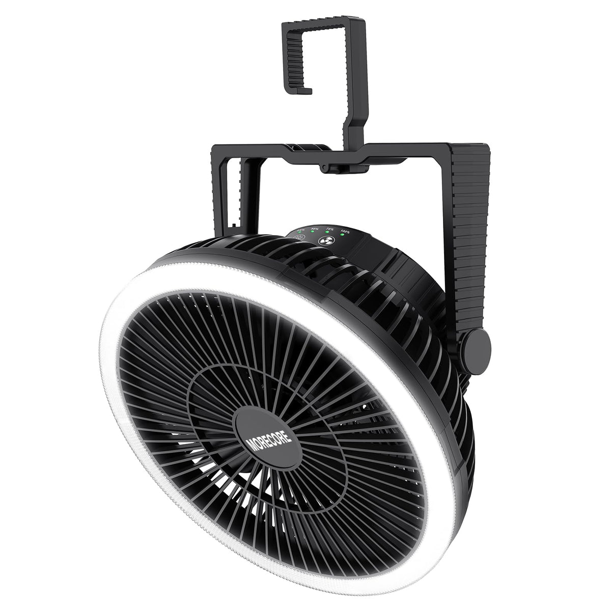 MORECORE front view showing fan and lantern for bright, portable cooling