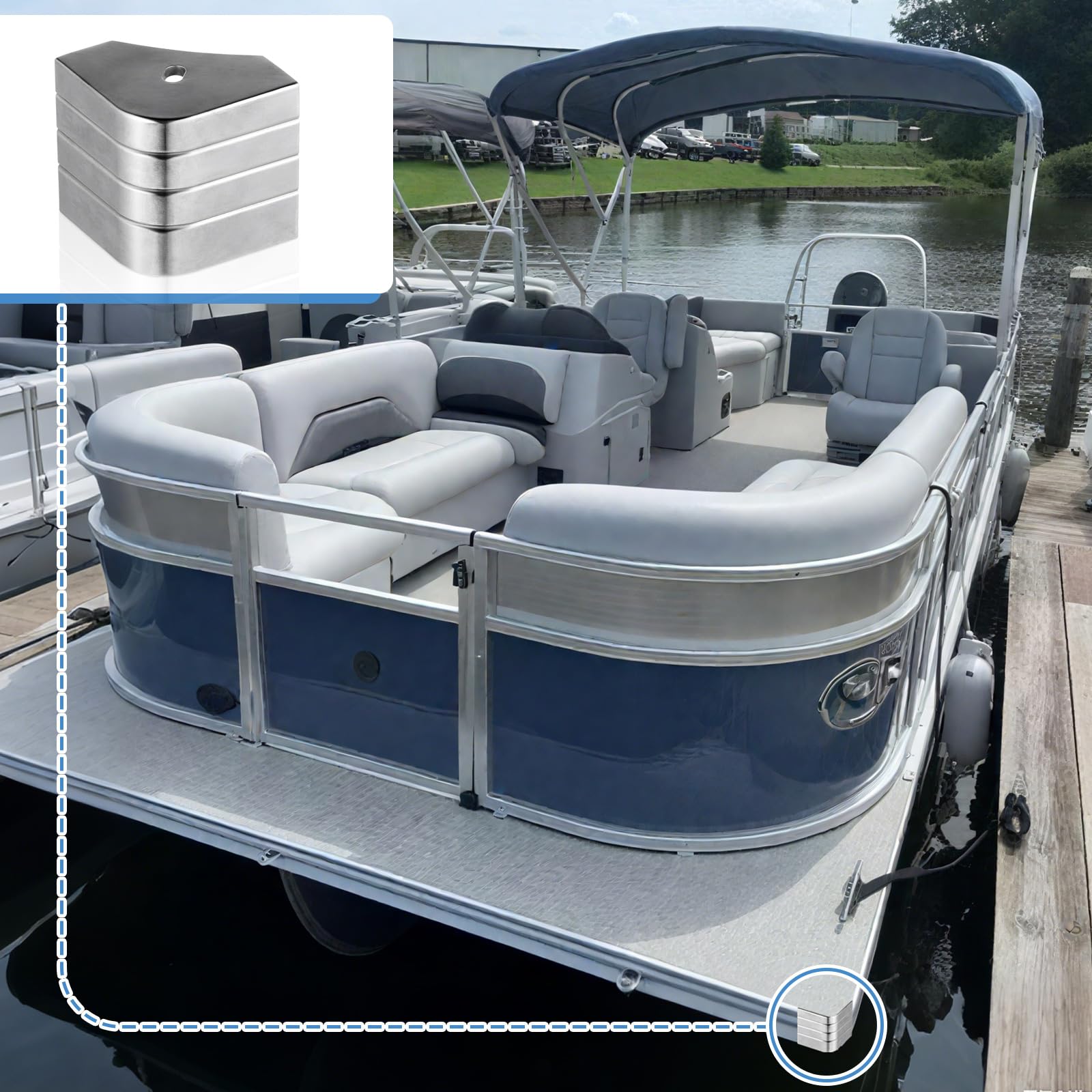 MorningRo corner cap on docked pontoon illustrating aesthetic upgrade and practical protection