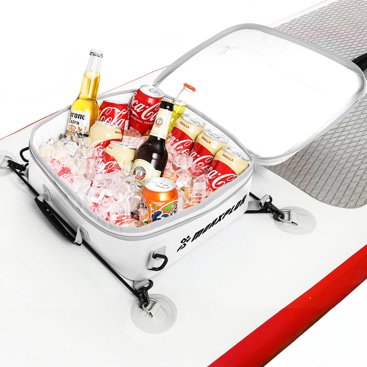 MORXPLOR front view of deck cooler showing compact design and secure bungee fit