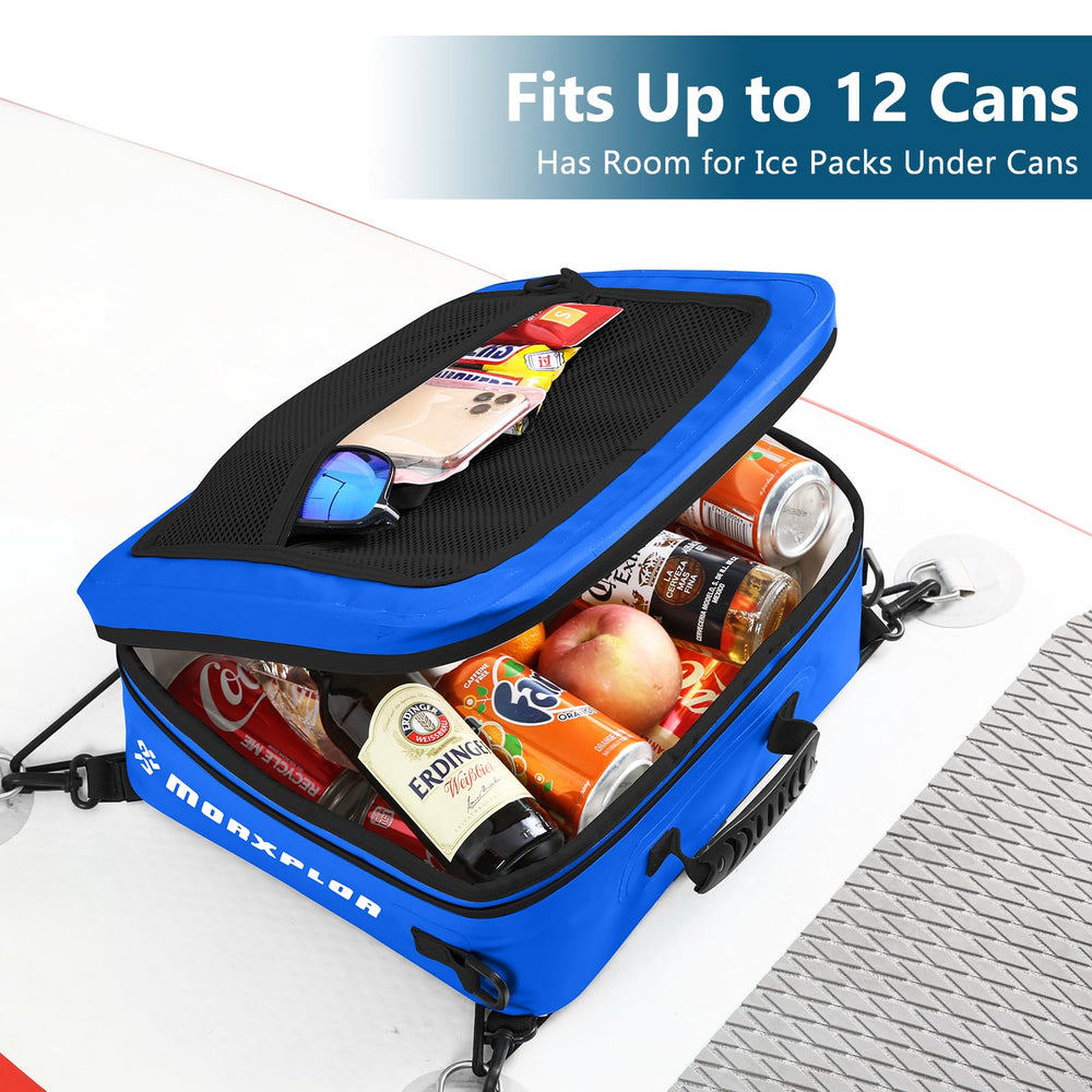 MORXPLOR cooler beside canned drinks showing scale and 12-can capacity benefit