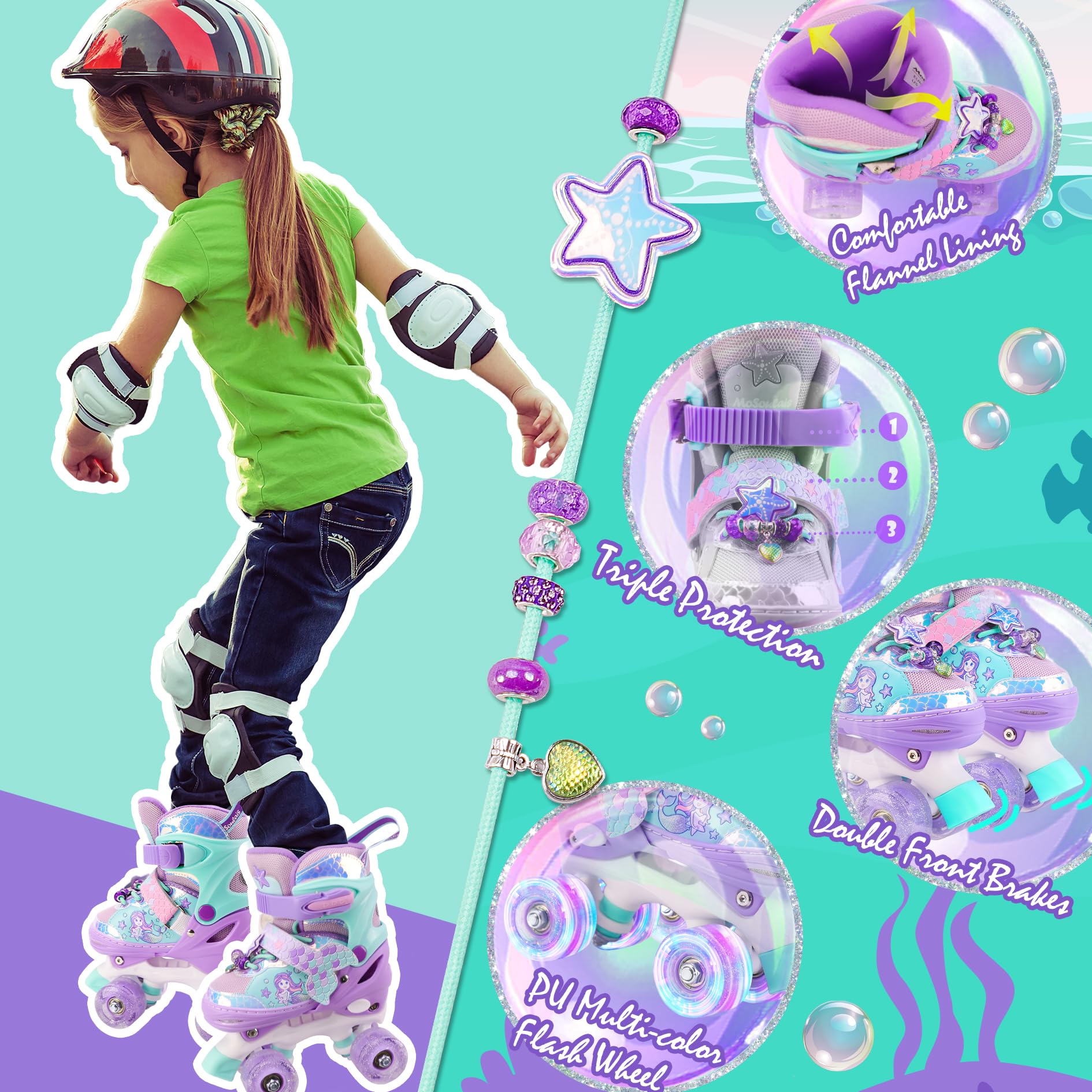 MoSoulais mermaid skate size adjuster mechanism showing easy four-size expansion