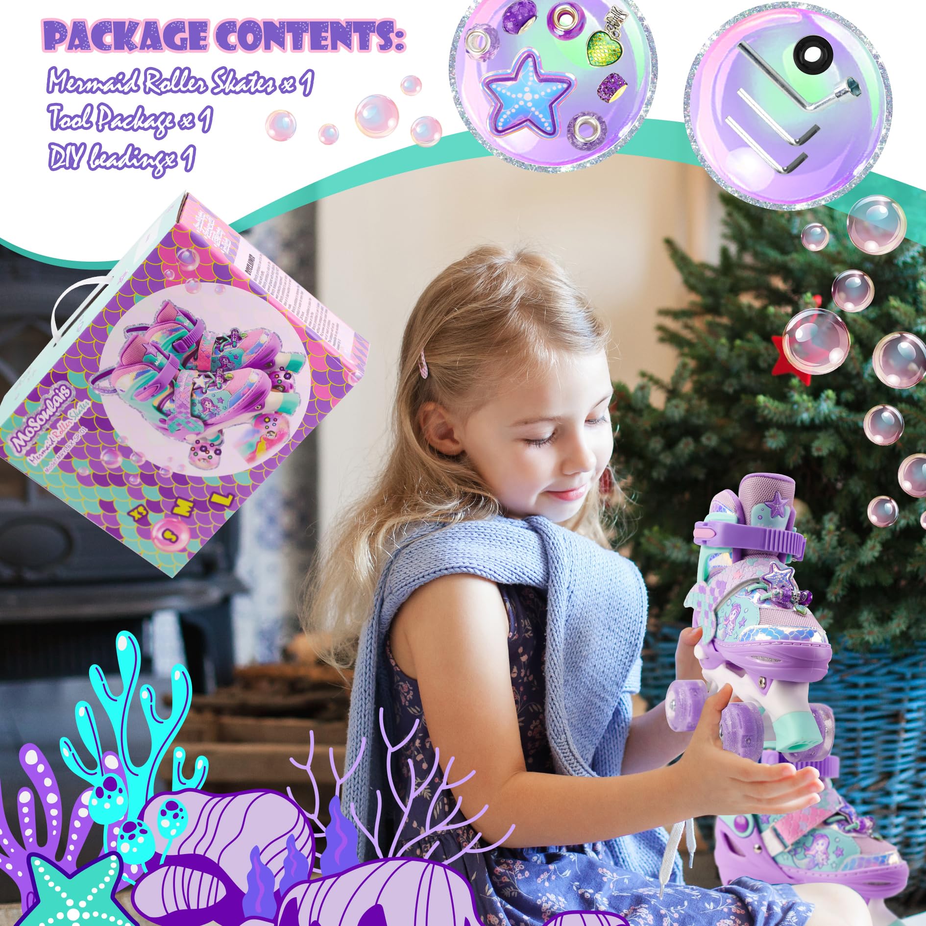 MoSoulais mermaid skates packaging and accessories illustrating ready-to-gift convenience
