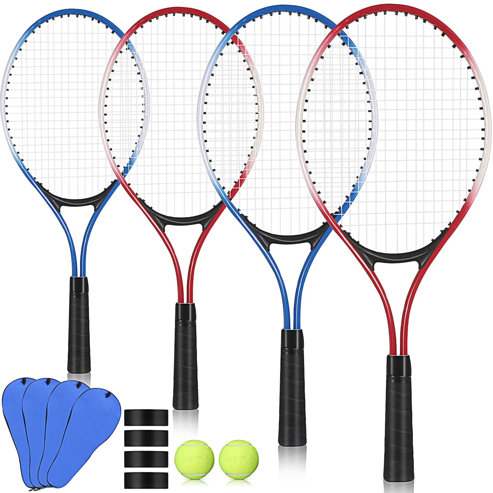 Motionchic front view of four 21-inch rackets and included balls showing complete set for casual play