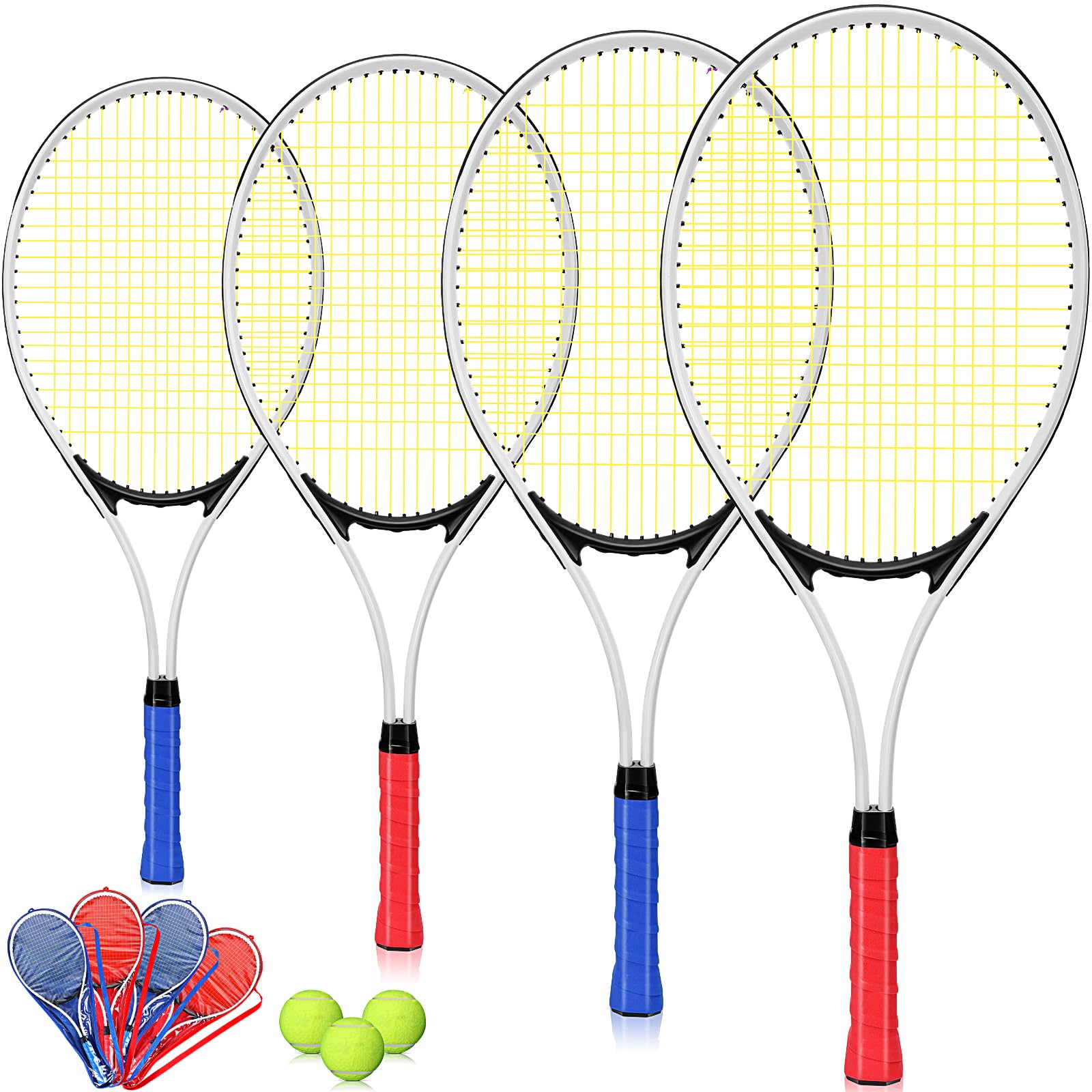 Motionchic front view of four white rackets showing ready-to-play set and neat alignment
