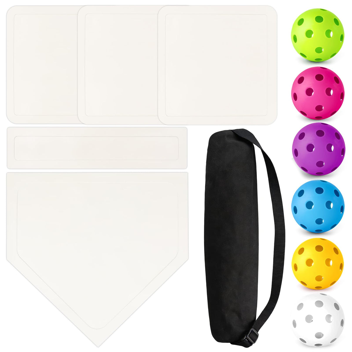 Mototo front view of five rubber home plates and practice balls, easy setup benefit