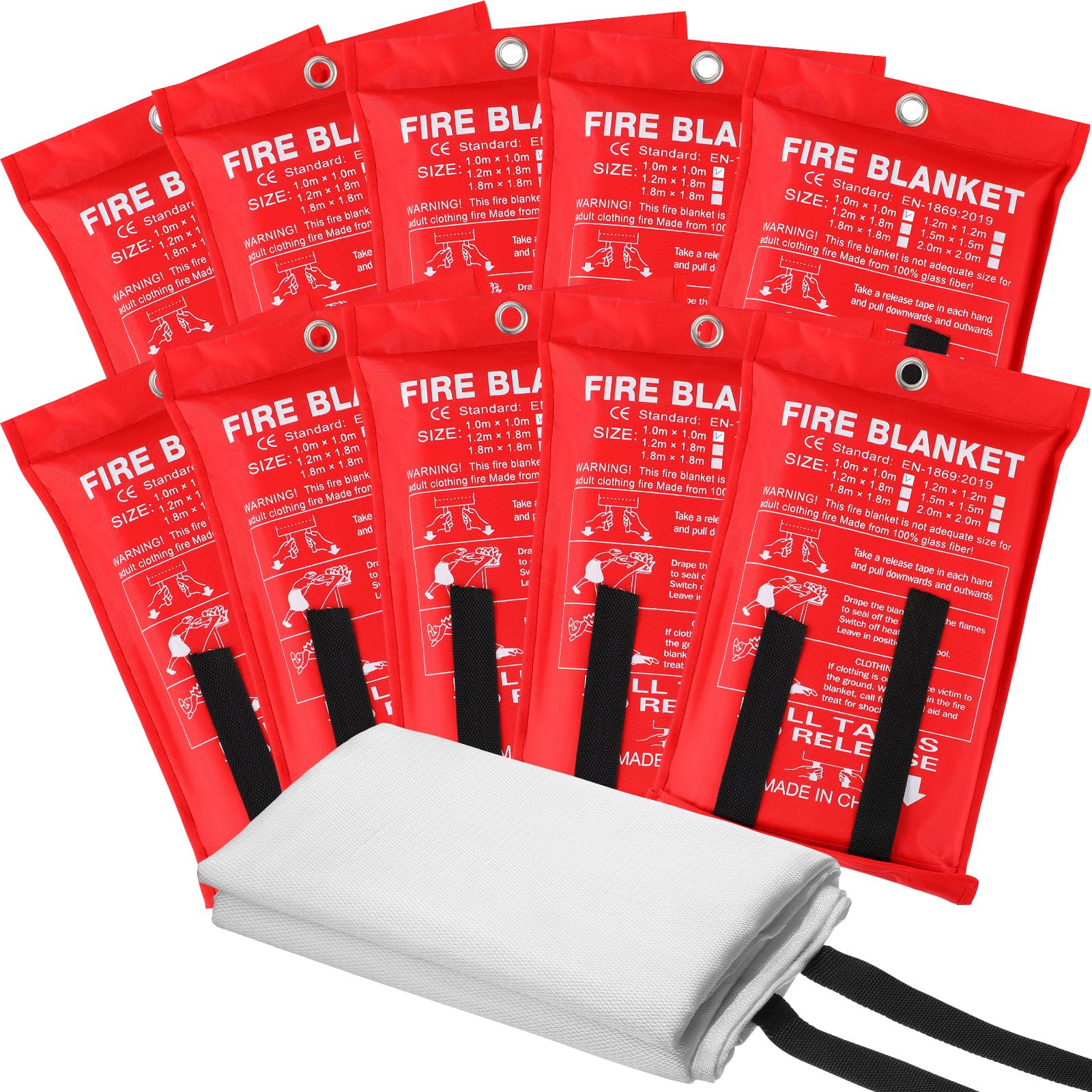 Moukeren front packaging showing ten folded fire blankets for quick storage and access