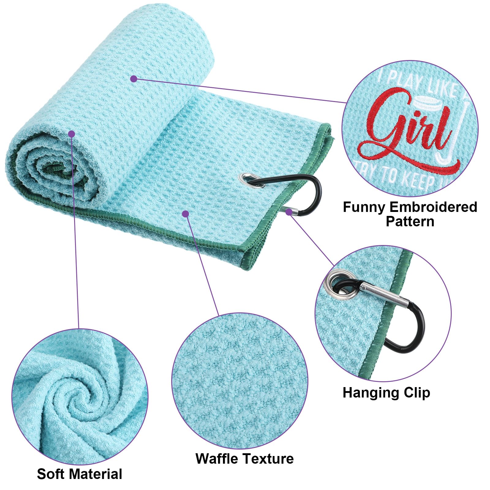 Moukeren towel clipped to golf bag showing secure attachment and access