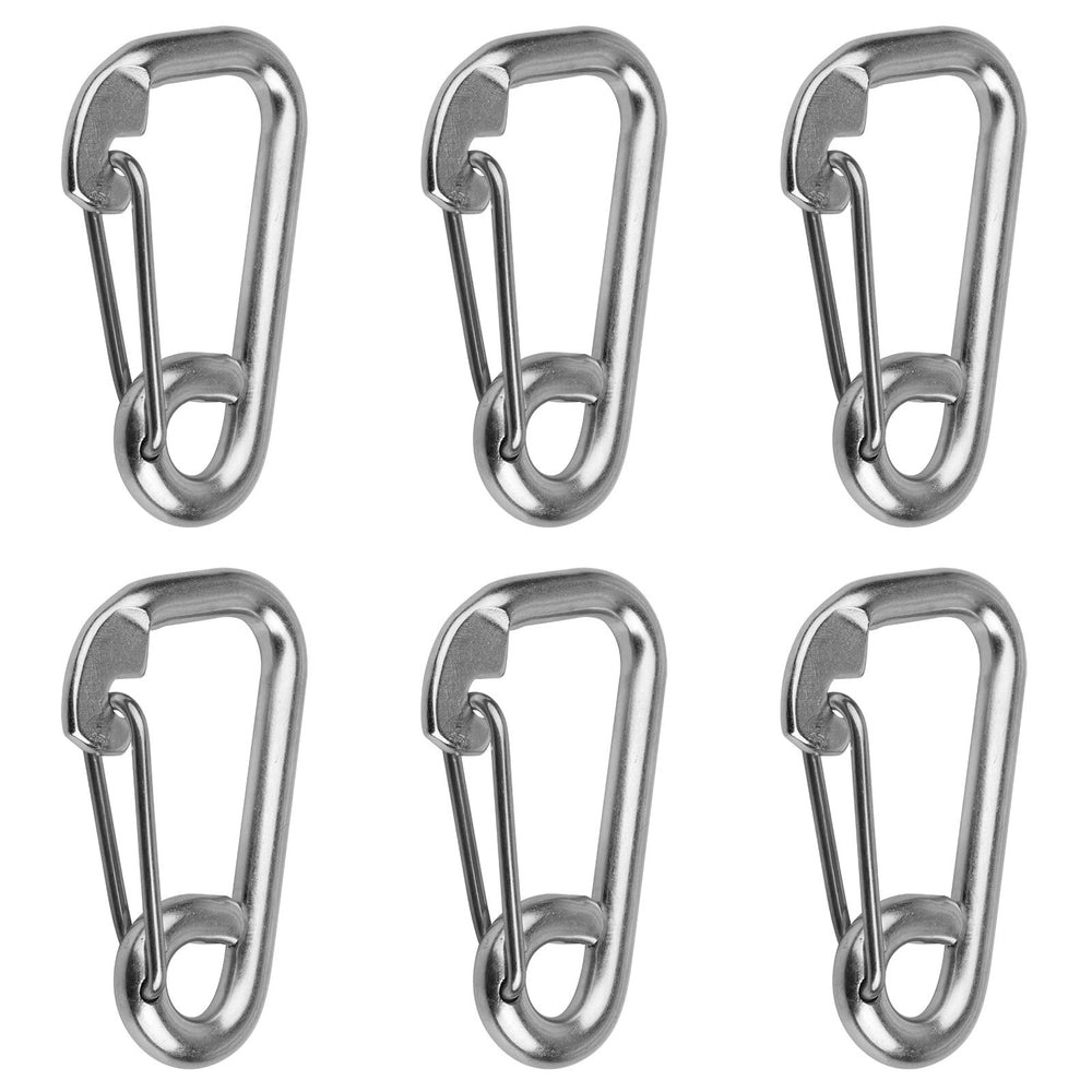MOUNTAIN_ARK front view of six 4 inch stainless spring snap hooks, durable corrosion resistance