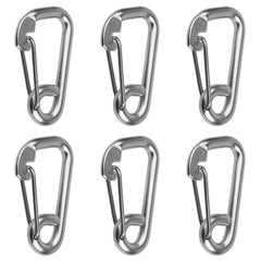 MOUNTAIN_ARK front view of six 4 inch stainless spring snap hooks, durable corrosion resistance