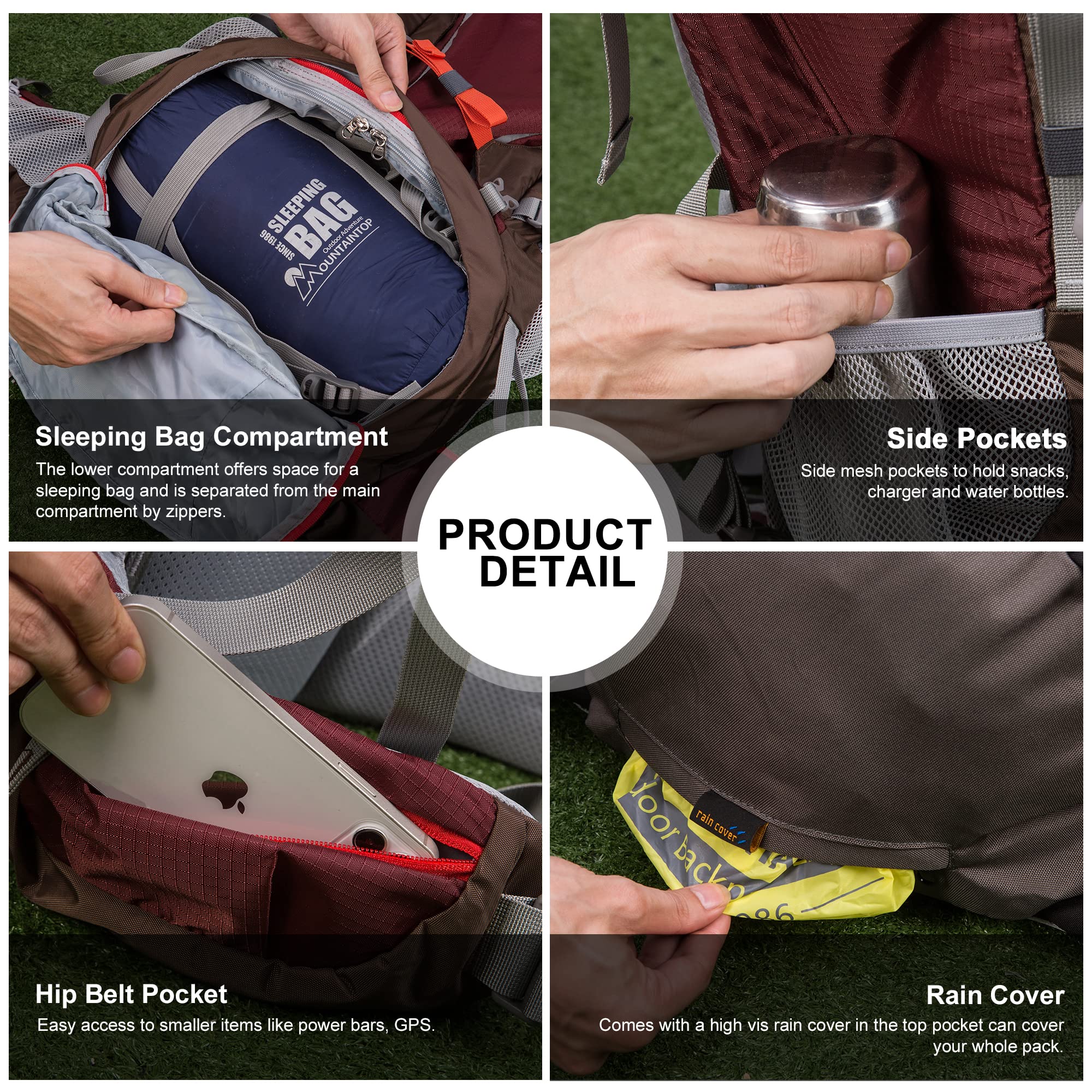 MOUNTAINTOP padded shoulder strap and breathable mesh for comfortable long carries