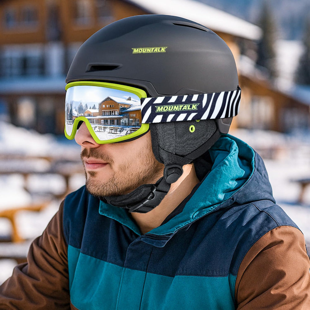 MOUNTALK lifestyle shot on mountain showing comfort and coverage during skiing