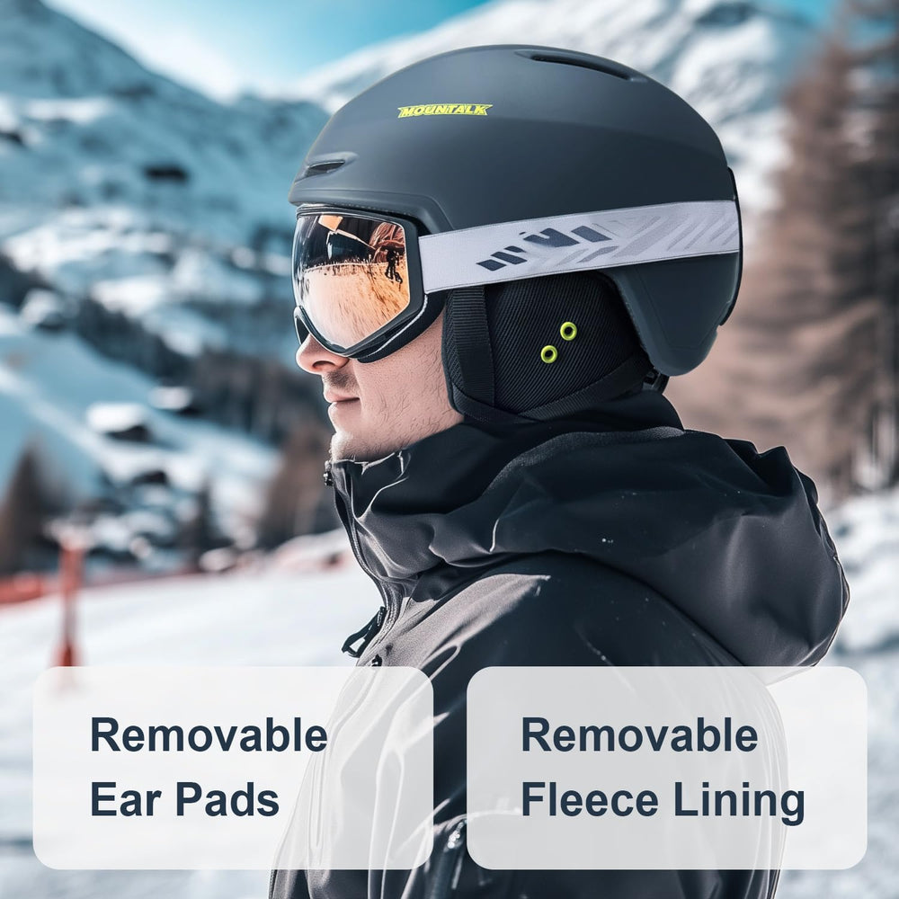 MOUNTALK lifestyle skier wearing helmet showing on-slope comfort and style