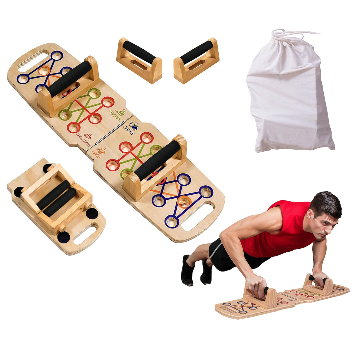 Mousterian front view of push up board showing layout and portability benefits