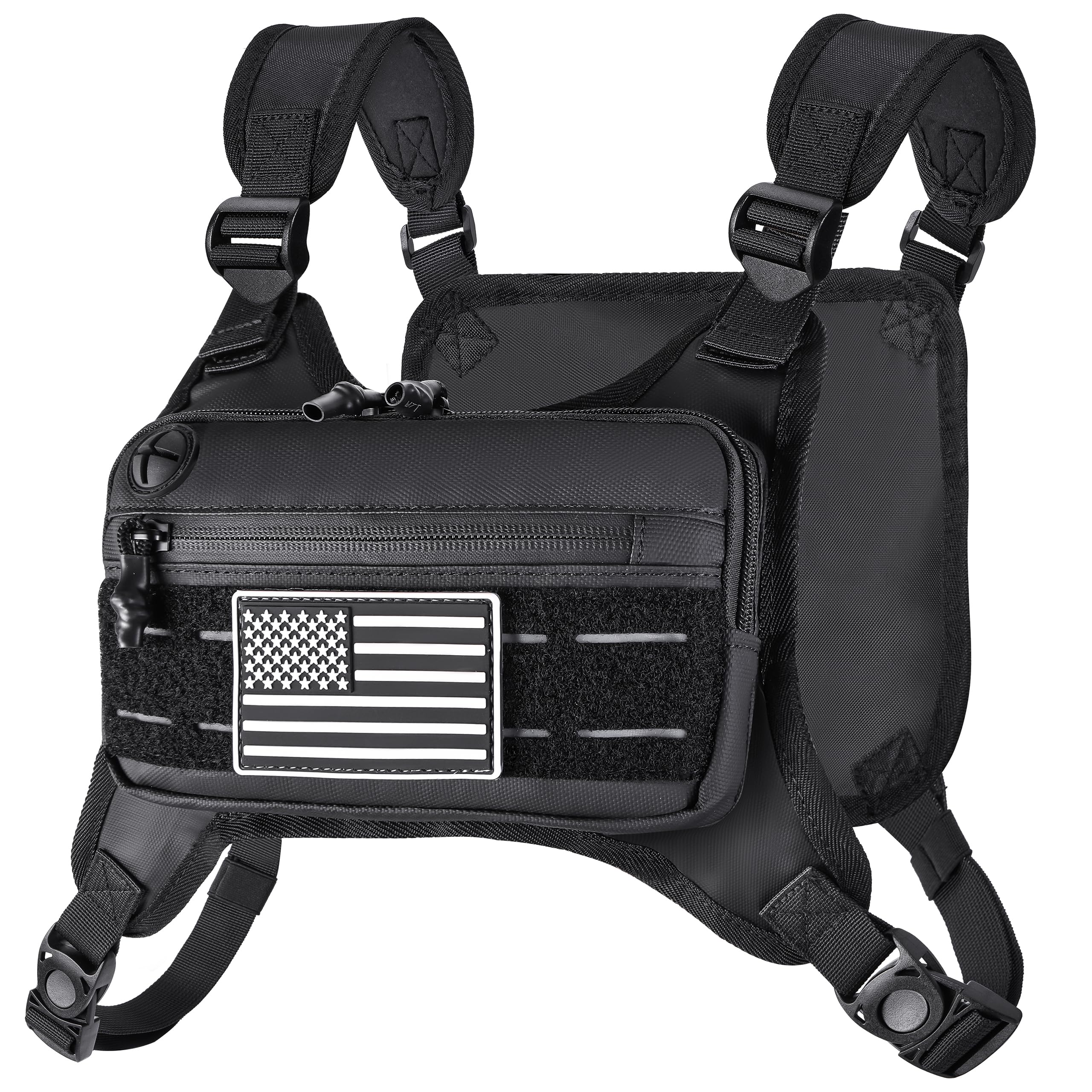 MOZETO front view chest pack showing organized pockets and easy access benefit