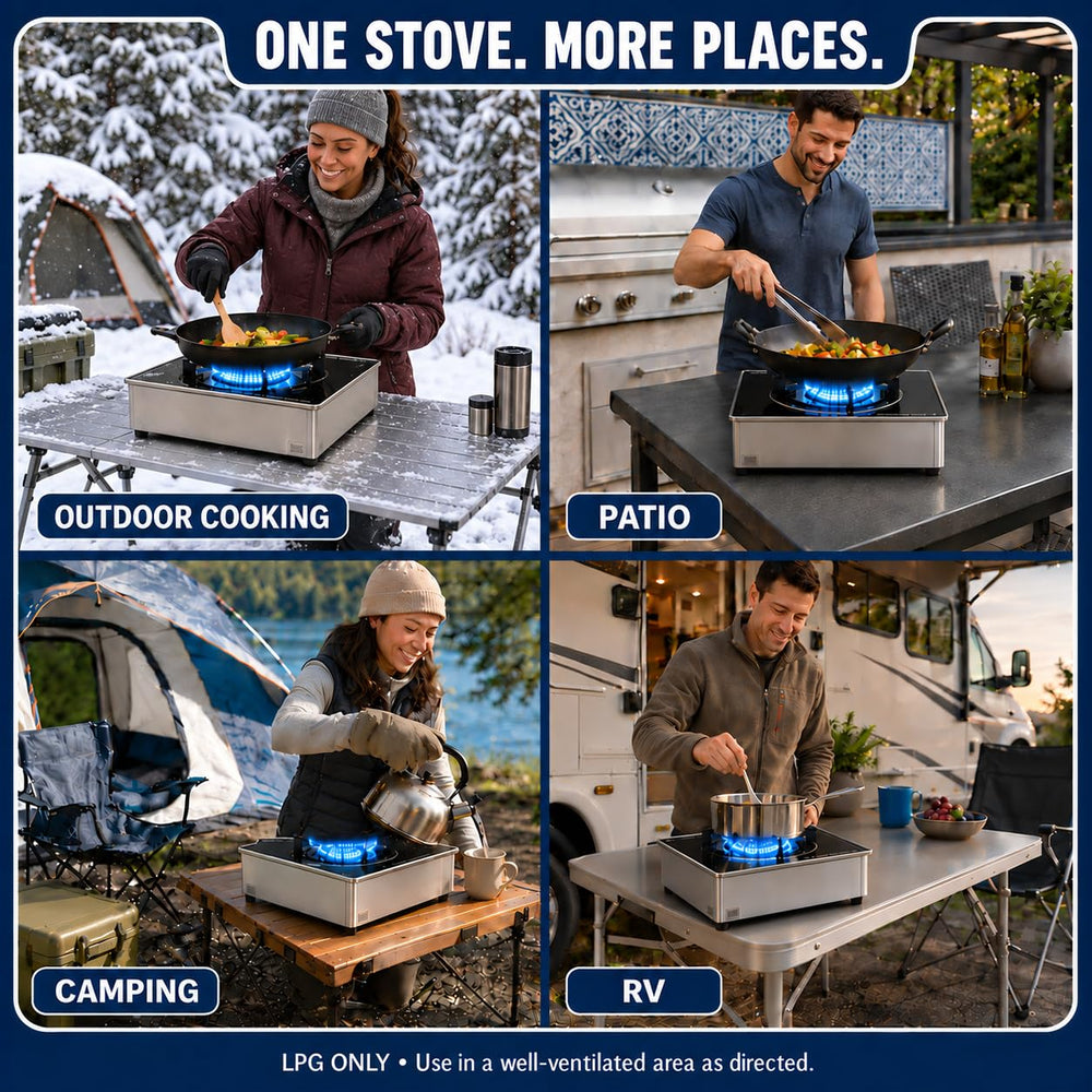 MOZODAWN stove next to cookware showing compact size advantage