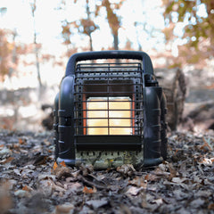 Mr. Heater attached to a 1-lb propane bottle for portable warmth benefit