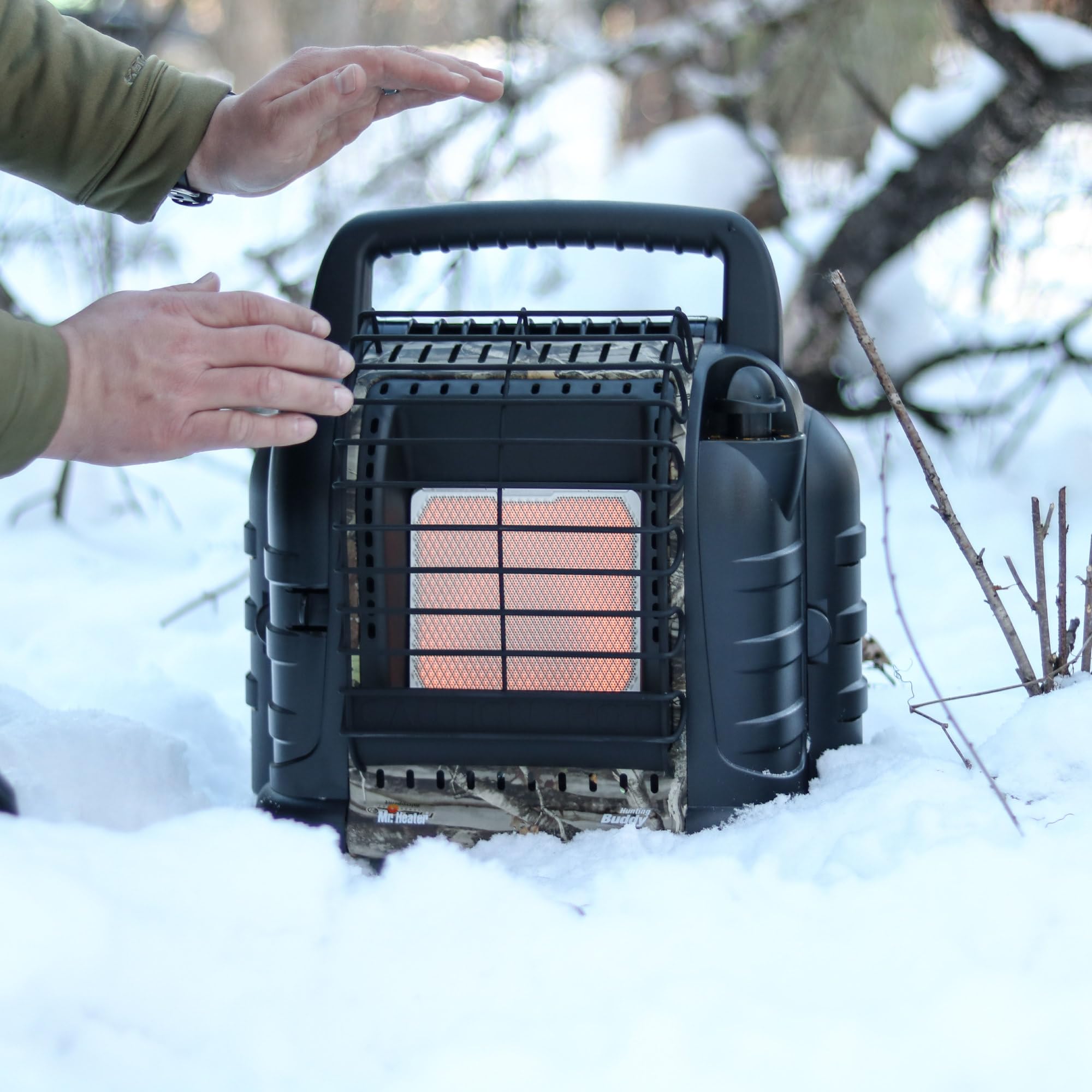 Mr. Heater warming a hunting blind to provide targeted comfort benefit