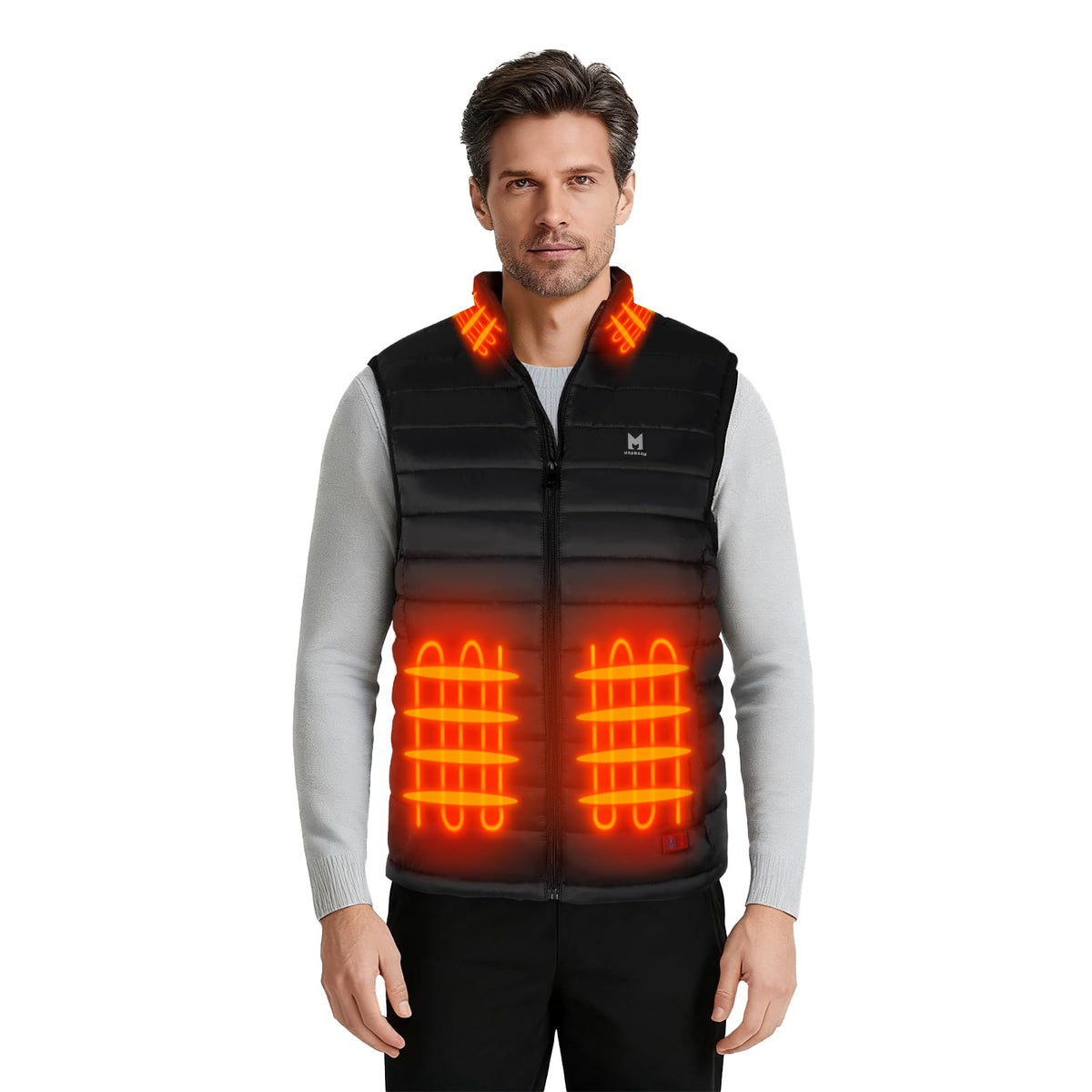 MRAWARM front view of heated vest showing slim fit and zipper for warmth