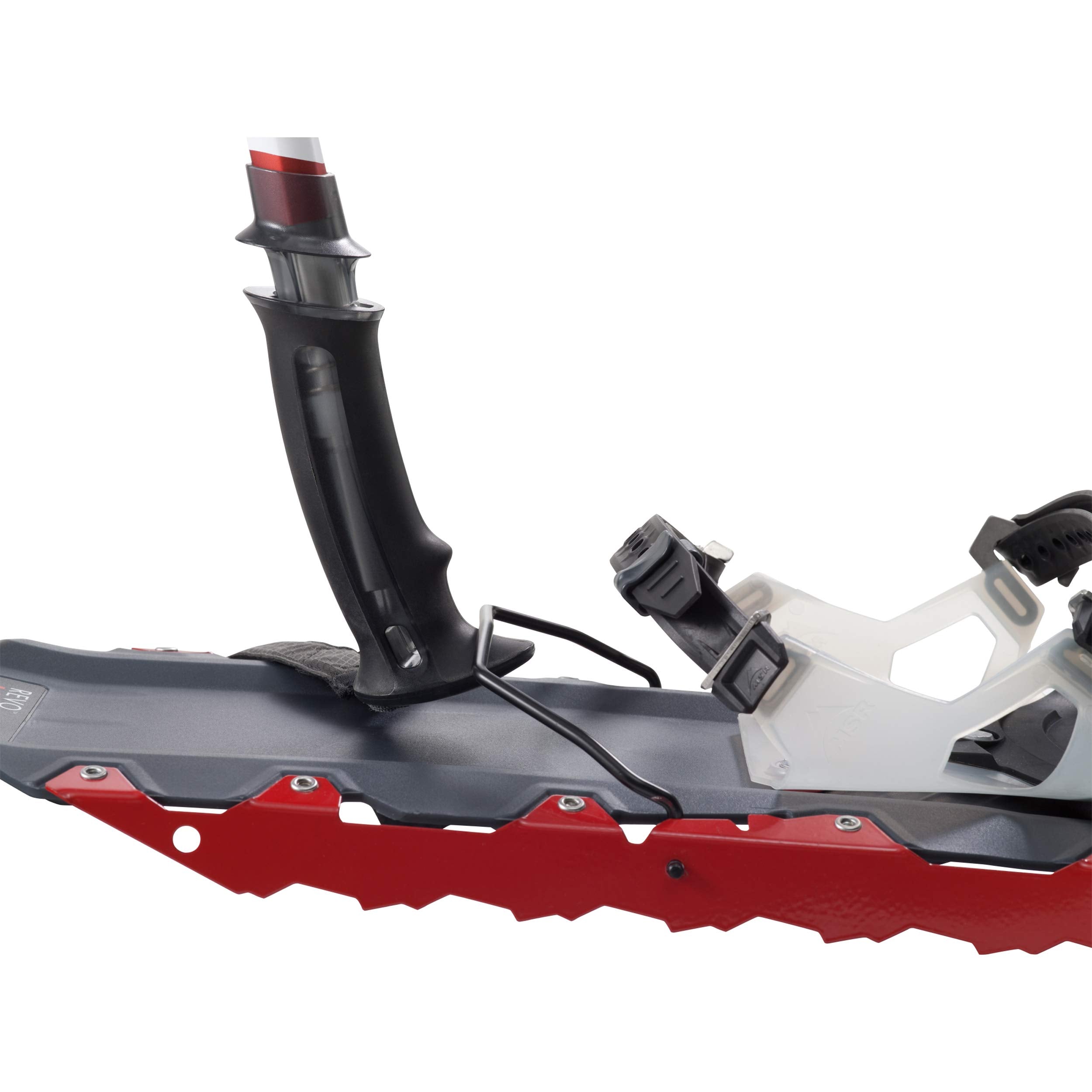MSR DynaLock Ascent tip and basket closeup showing secure contact on snow and rock