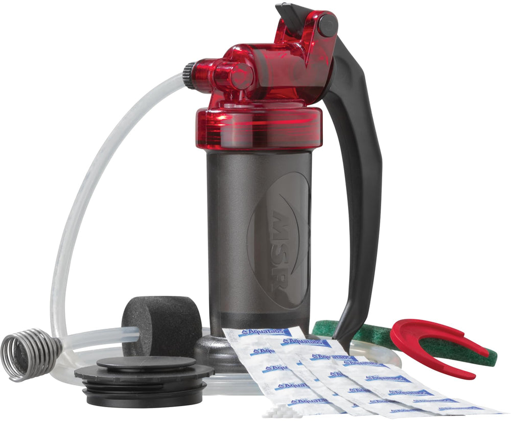 MSR MiniWorks pump and Aquatabs kit front view showing compact gear and included bag benefits