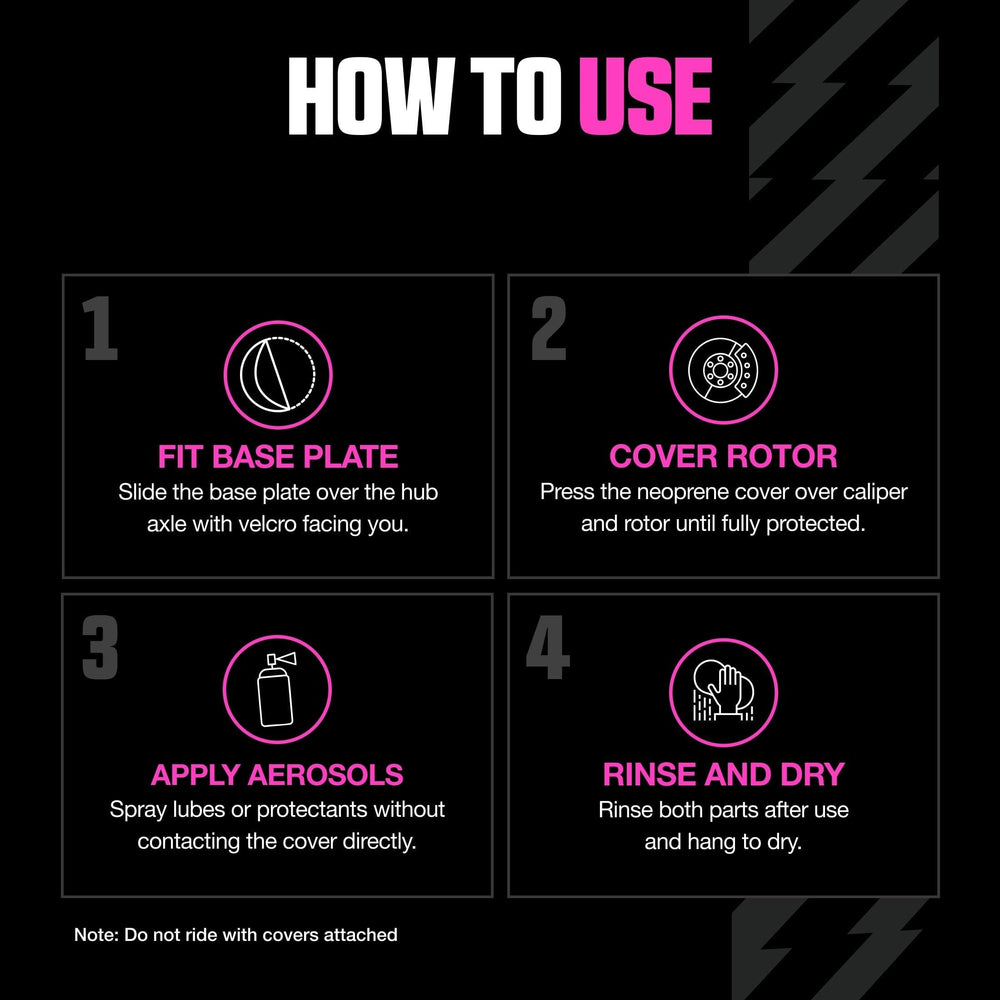 Muc-Off covers protecting rotors during transit on a bike rack to avoid dings