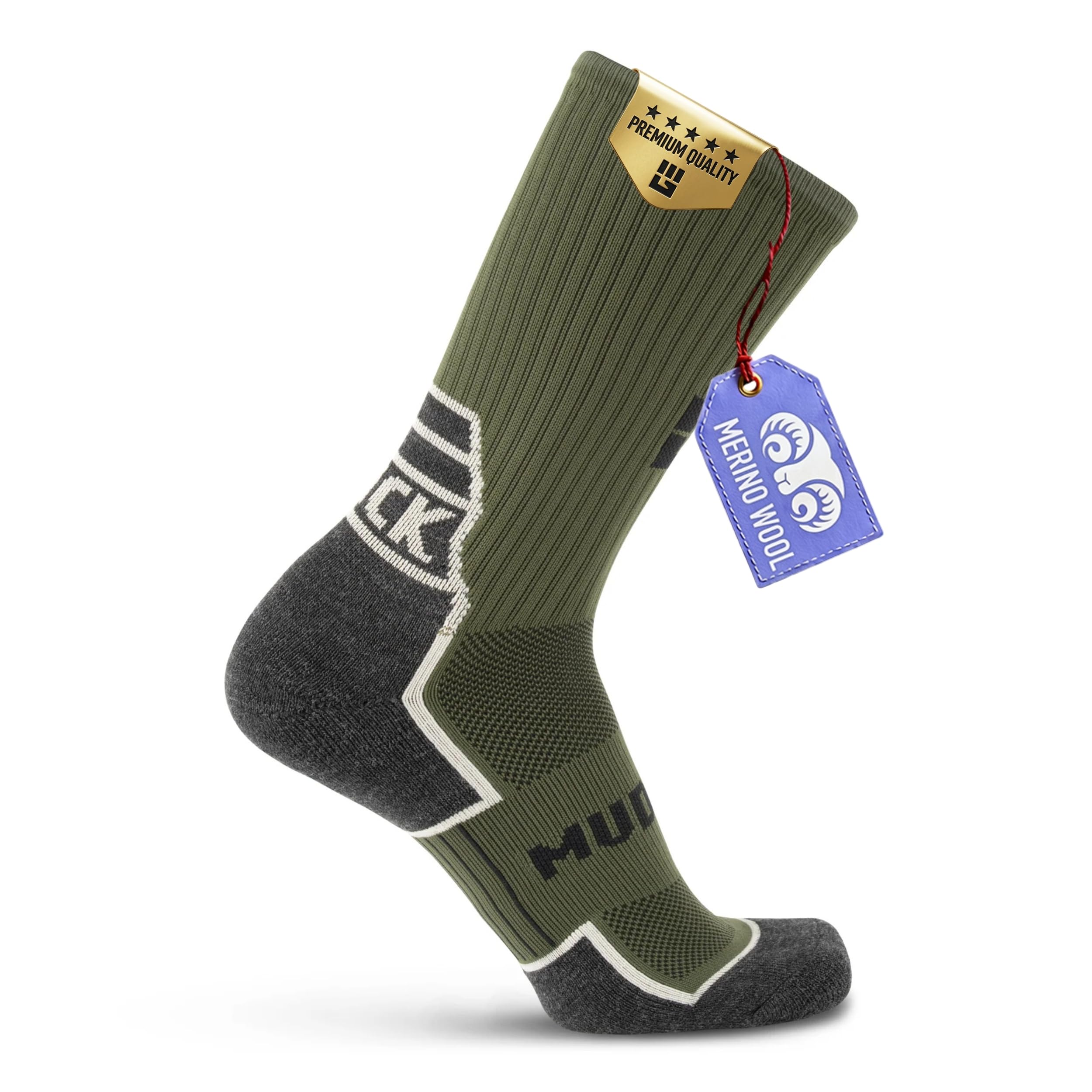 MudGear front view of crew sock showing fit and cushioning benefits