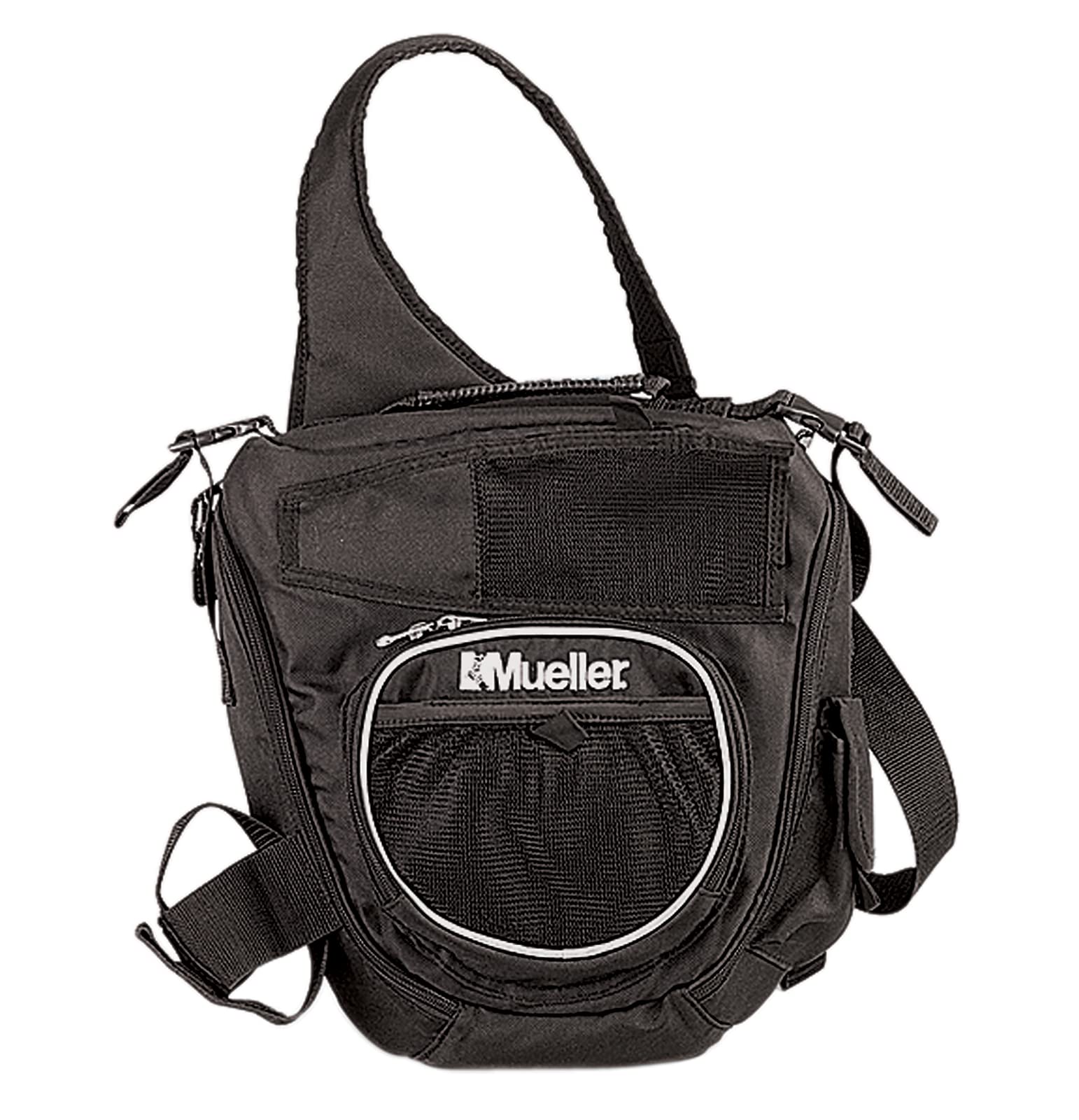 MUELLER front view of black sling bag showing compact organization and portability