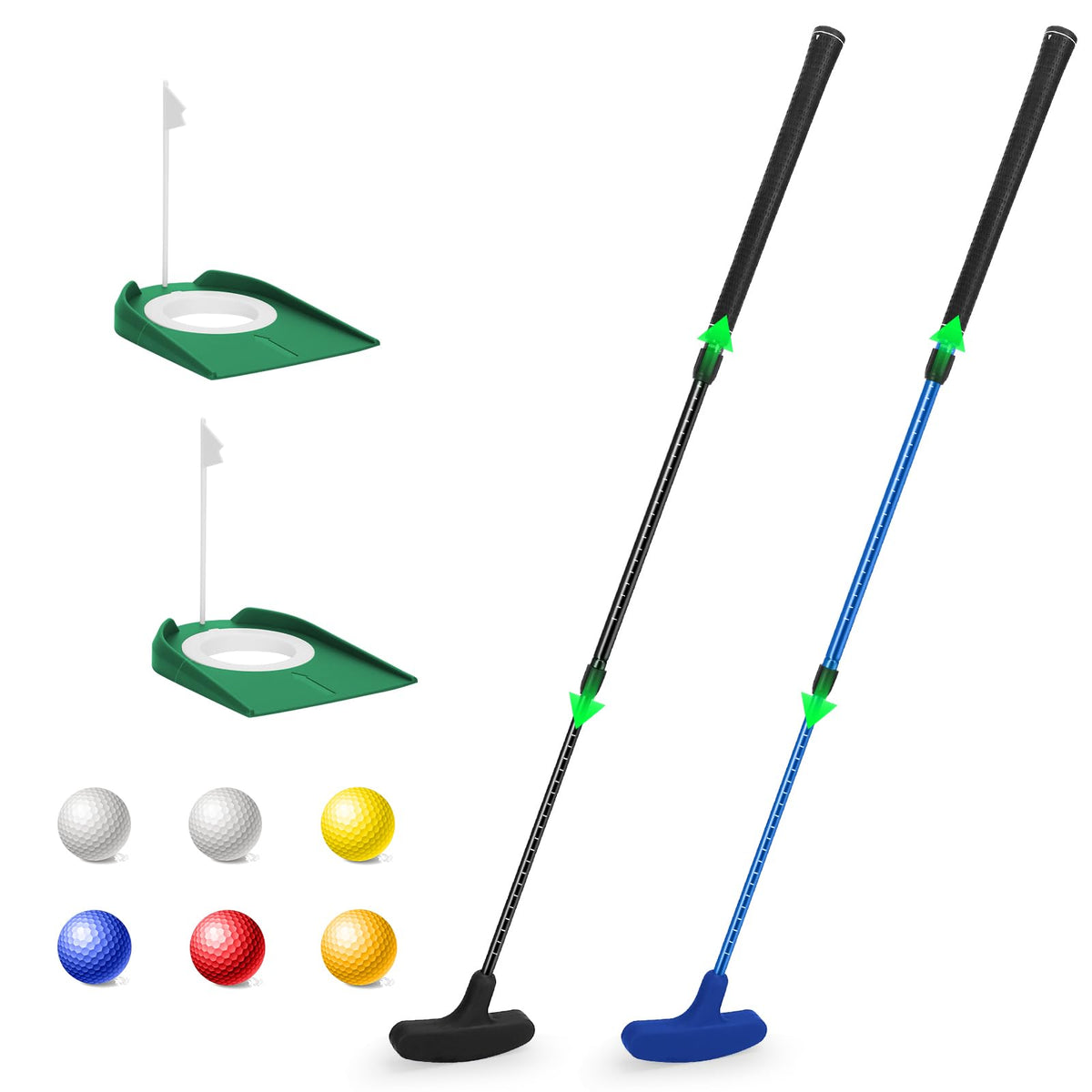 MultiOutools front view of two putters showing compact portable design and training convenience