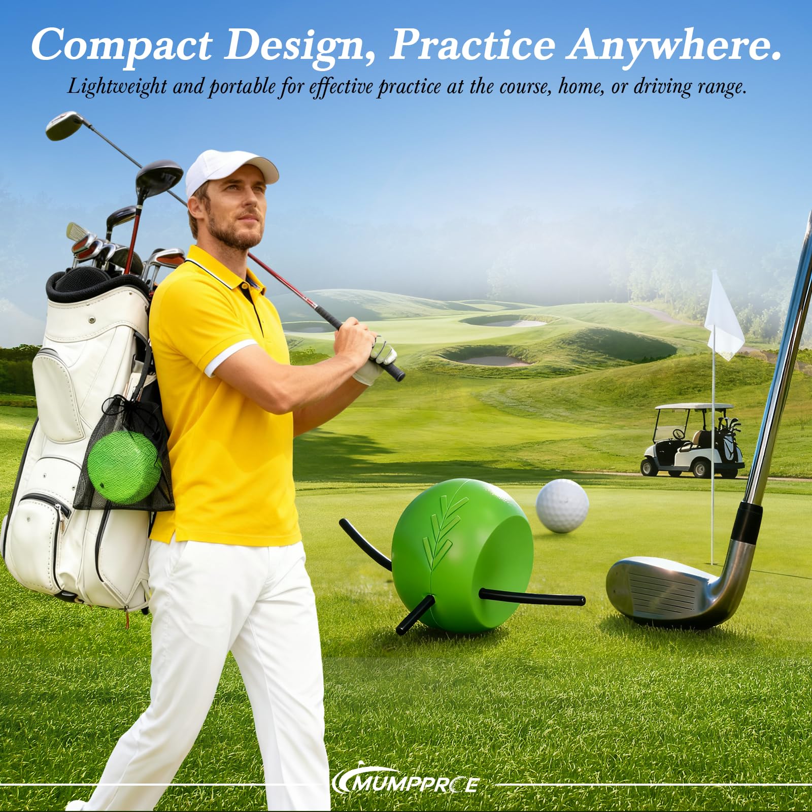 MUMPPRCE in golf bag size comparison highlighting portability advantage
