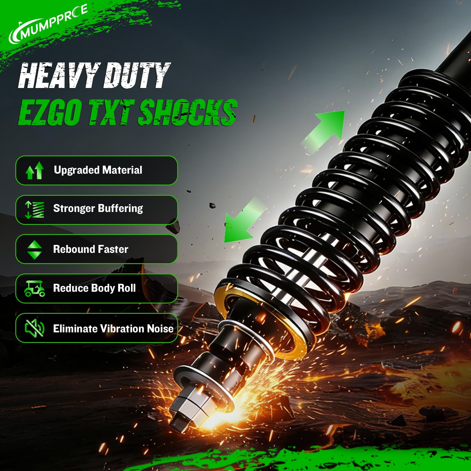 MUMPPRCE close-up of heavy-duty coil spring and damper showing durable construction and smoother rides