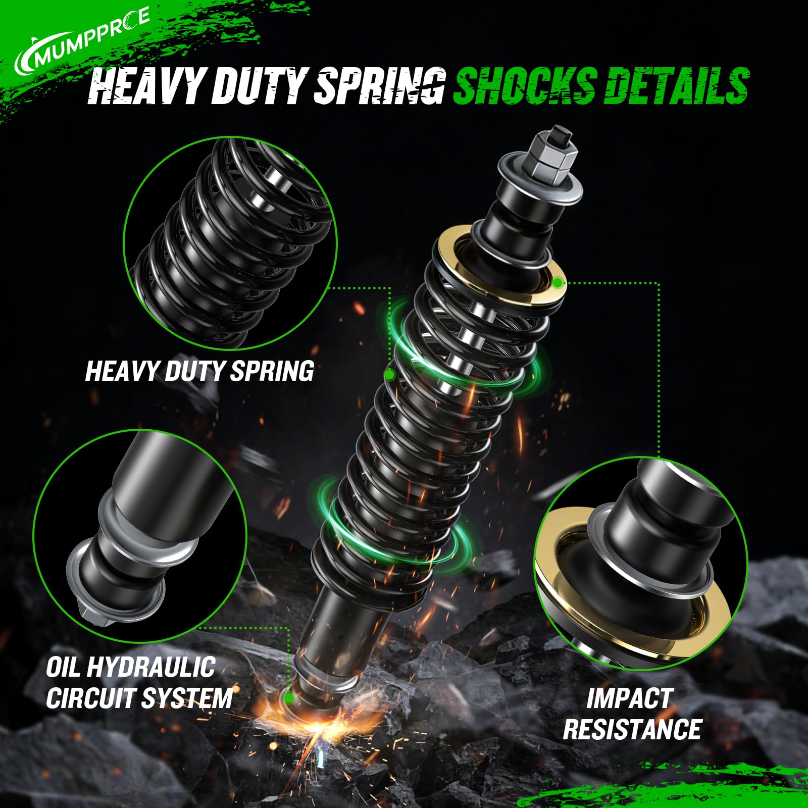 MUMPPRCE side-by-side 16-inch and 18-inch shocks comparing standard and extended lengths for lifted carts