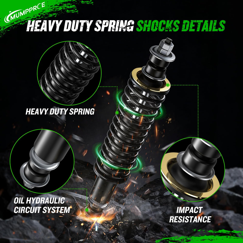 MUMPPRCE side-by-side 16-inch and 18-inch shocks comparing standard and extended lengths for lifted carts