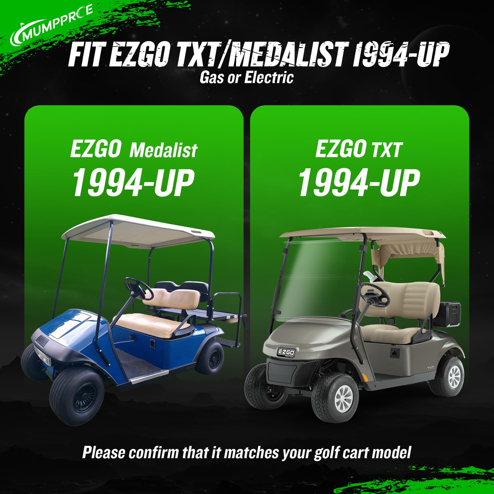 MUMPPRCE shock installed on EZGO TXT front suspension demonstrating improved steering stability