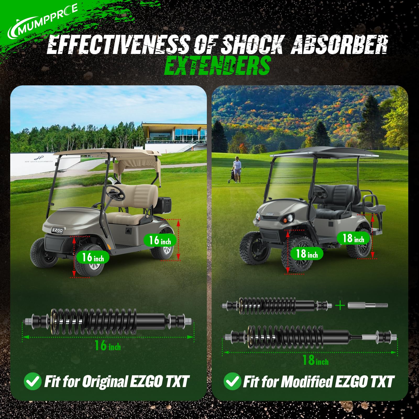 MUMPPRCE shocks installed on a golf cart driving on turf demonstrating comfort and reduced vibration