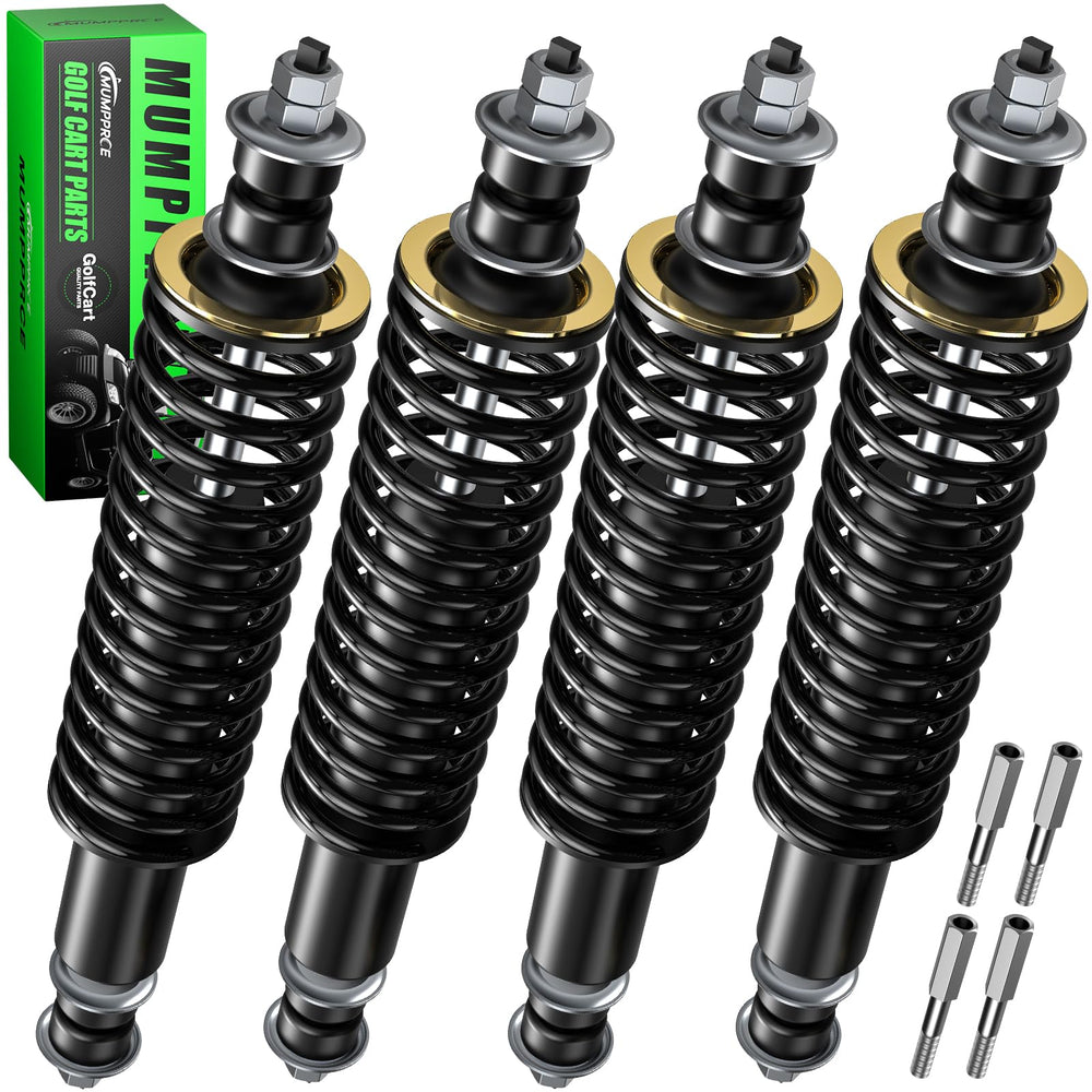 MUMPPRCE EZGO front and rear shock kit showing all four shocks and extenders for easy replacement